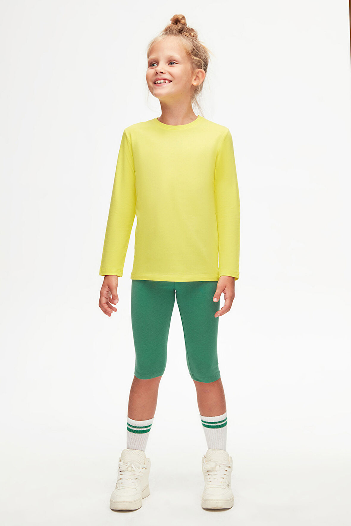 Fosforlu Sarı Basic Unisex Çocuk Mevsimlik Sıfır Yaka Uzun Kollu Tişört