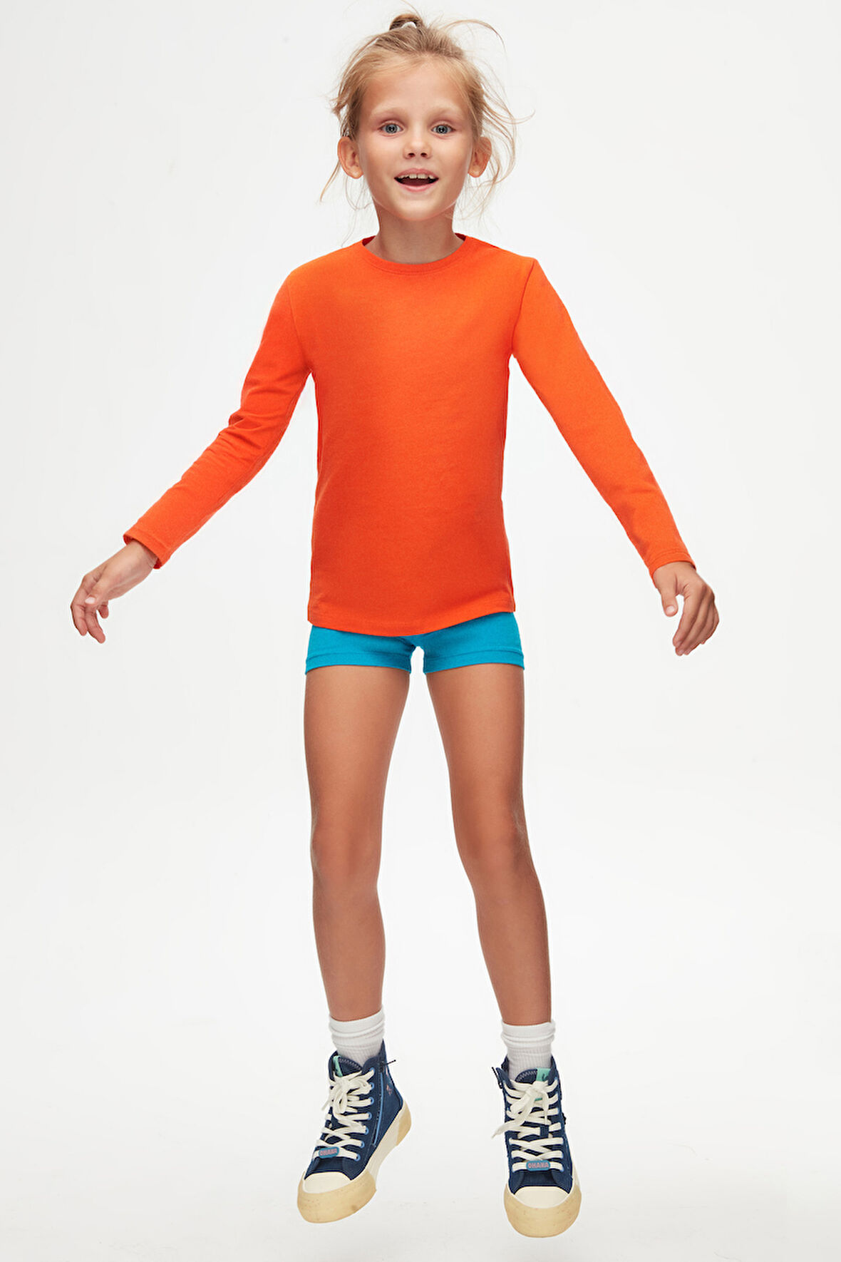 Turuncu Basic Unisex Çocuk Mevsimlik Sıfır Yaka Uzun Kollu Tişört
