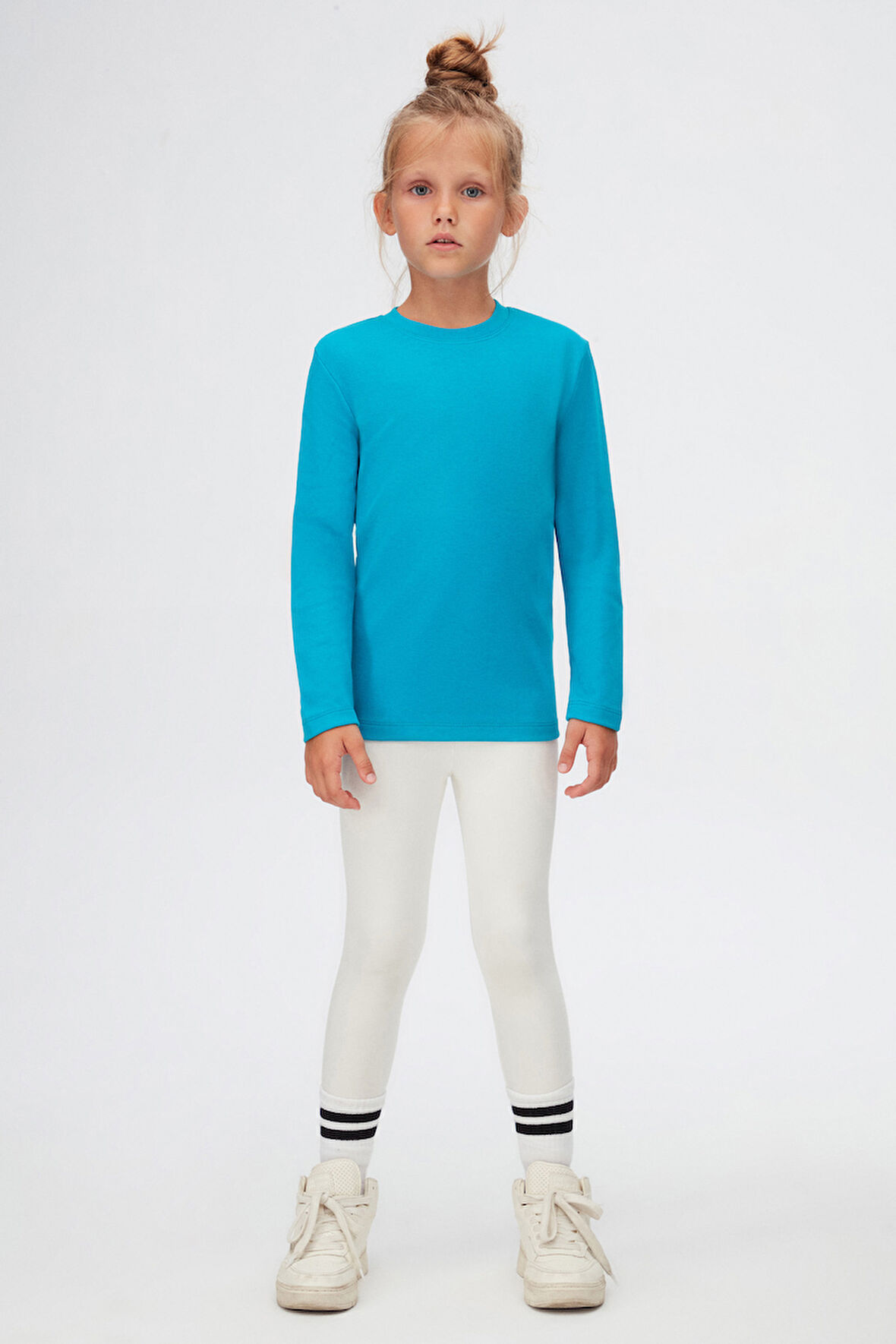 Koyu Turkuaz Basic Unisex Çocuk Kışlık Sıfır Yaka Uzun Kollu Tişört