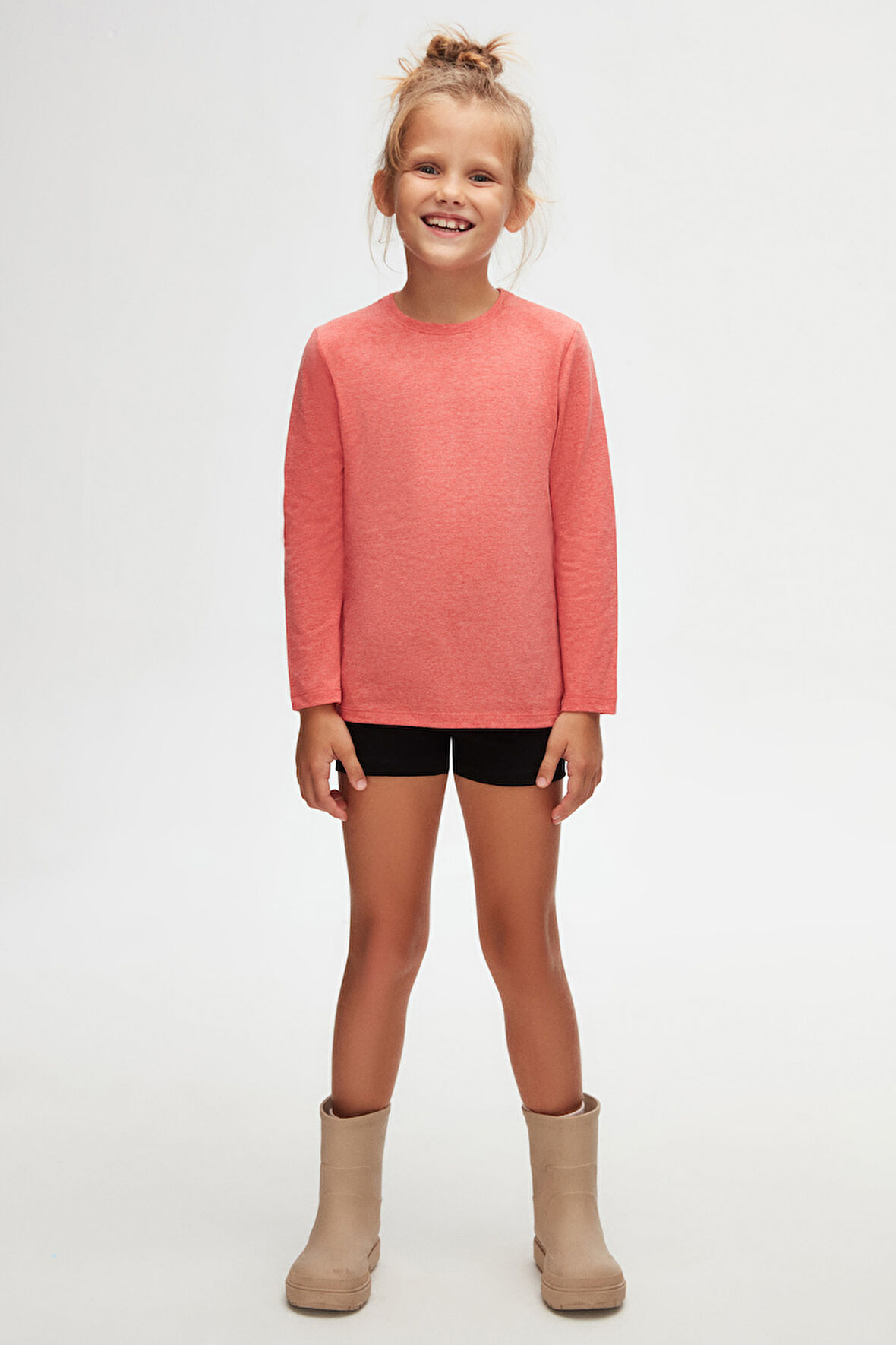 Turuncu Melanj Basic Unisex Çocuk Mevsimlik Sıfır Yaka Uzun Kollu Tişört