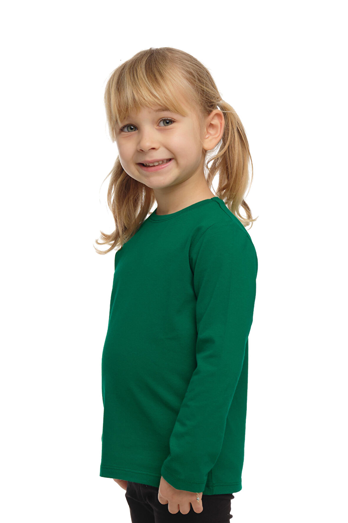 Yeşil Basic Unisex Çocuk Mevsimlik Sıfır Yaka Uzun Kollu Tişört