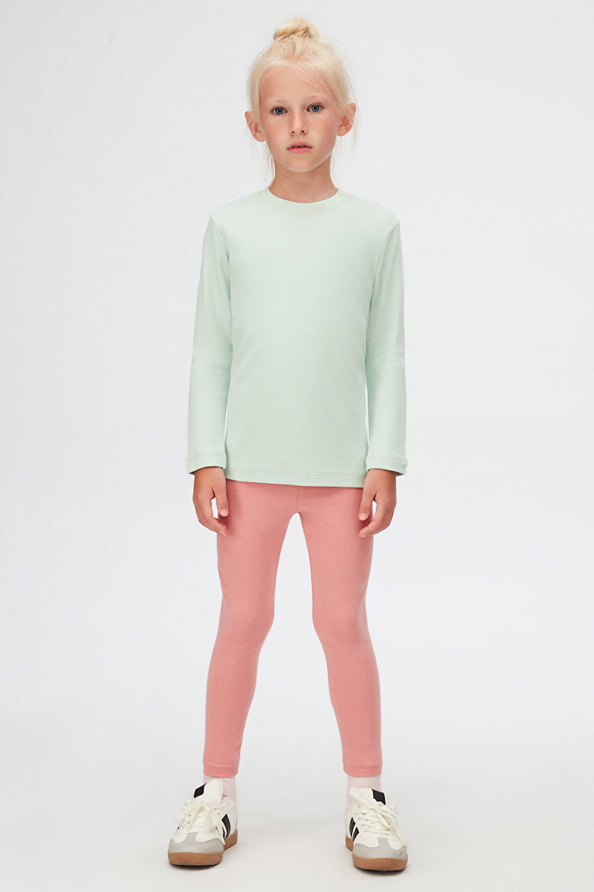 Soft Yeşil Basic Kışlık Sıfır Yaka Uzun Kollu Kız Çocuk Tişört