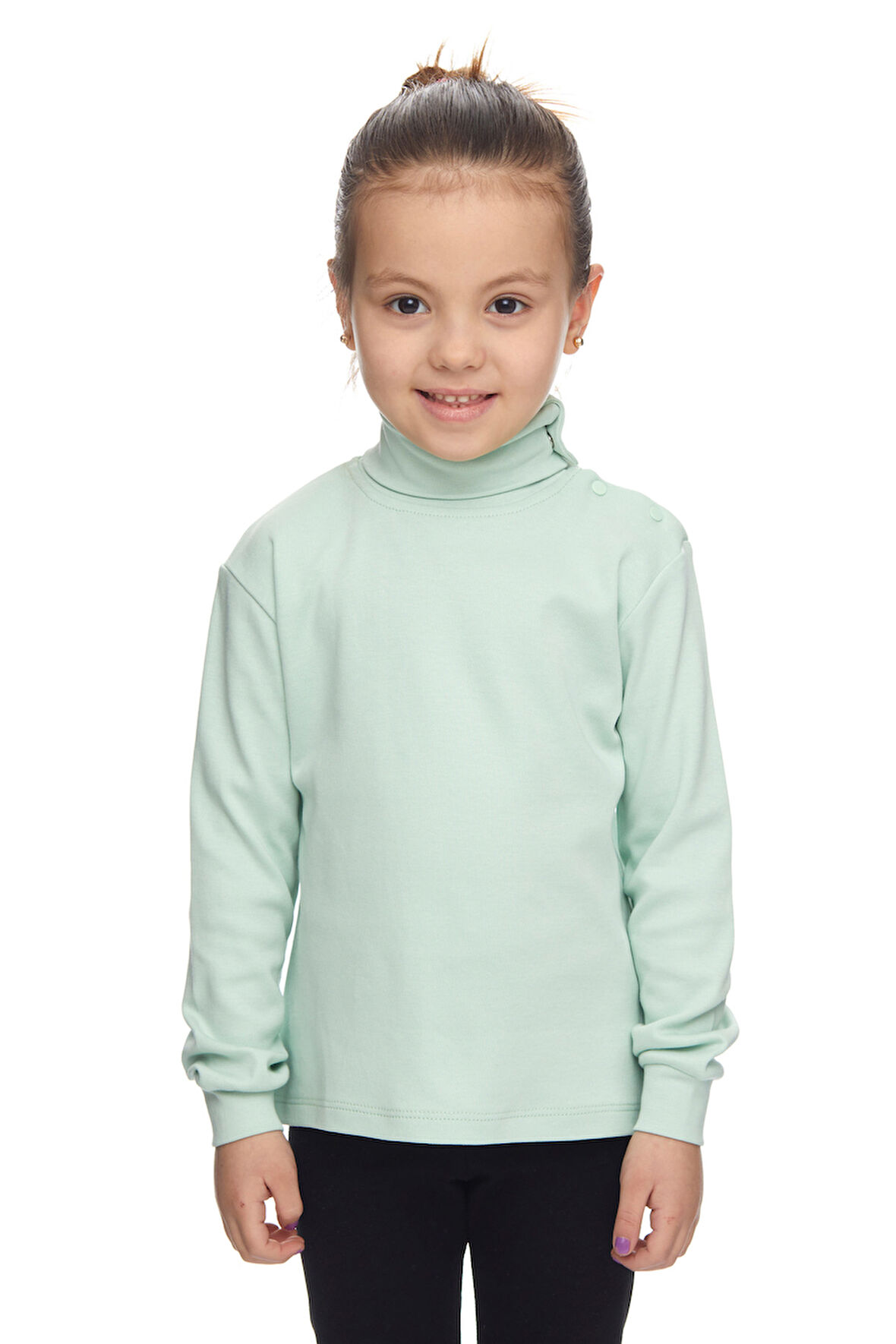 Soft Yeşil Basic Kız Çocuk Çıtçıtlı Tam Balıkçı Yaka Şardonlu Kışlık Uzun Kollu Tişört