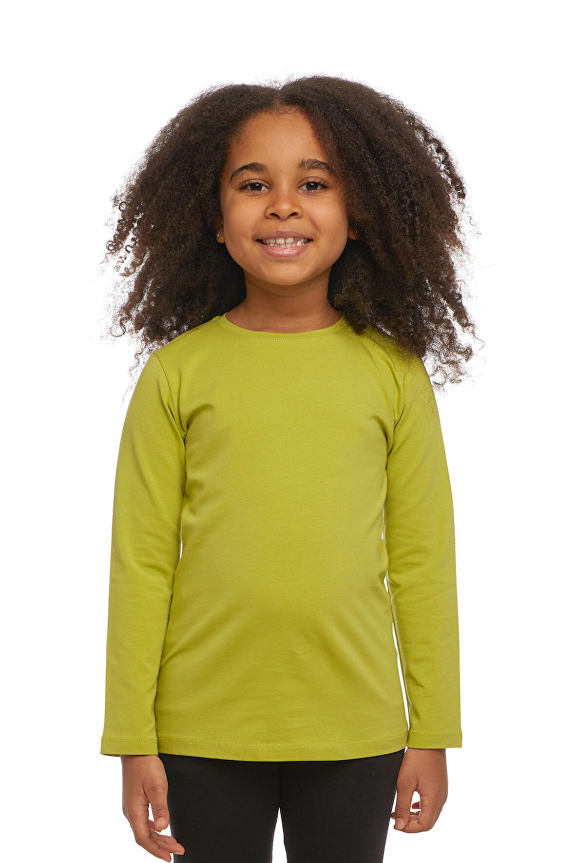 Yağ Yeşili Basic Unisex Çocuk Mevsimlik Sıfır Yaka Uzun Kollu Tişört