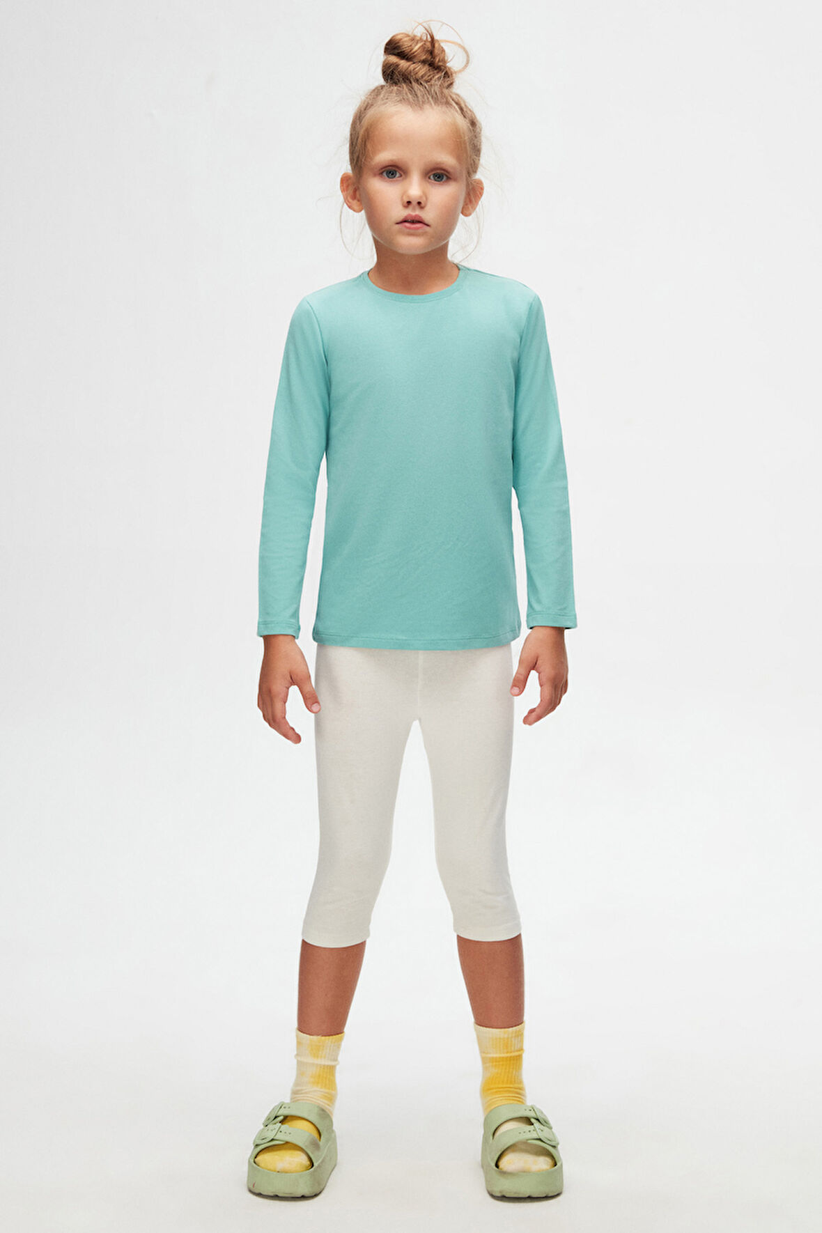 Çağla Yeşil Basic Unisex Çocuk Mevsimlik Sıfır Yaka Uzun Kollu Tişört