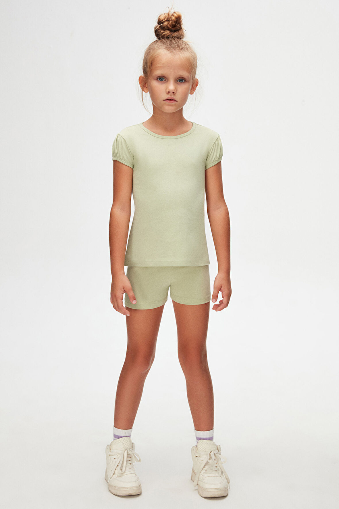 Açık Çağla Yeşil Basic Kız Çocuk Sıfır Yaka Karpuz Kol Tişört