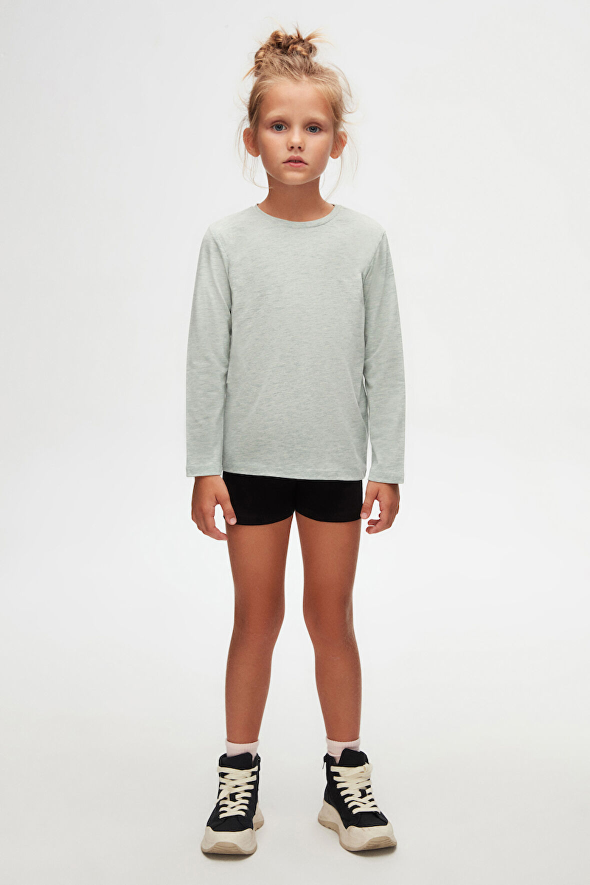 Açık Yeşil Melanj Basic Unisex Çocuk Mevsimlik Sıfır Yaka Uzun Kollu Tişört