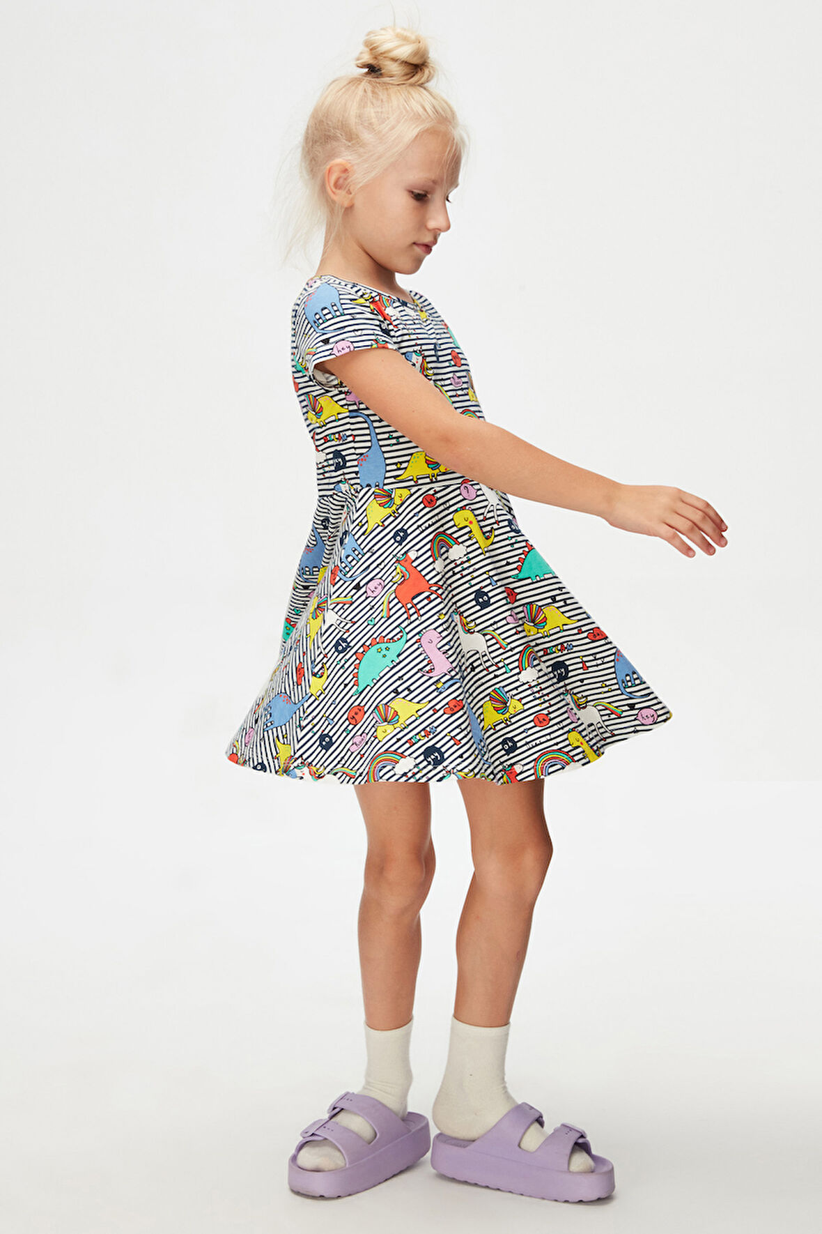 Rainbow Unicorn Kız Çocuk Desenli Kısa Kollu Elbise