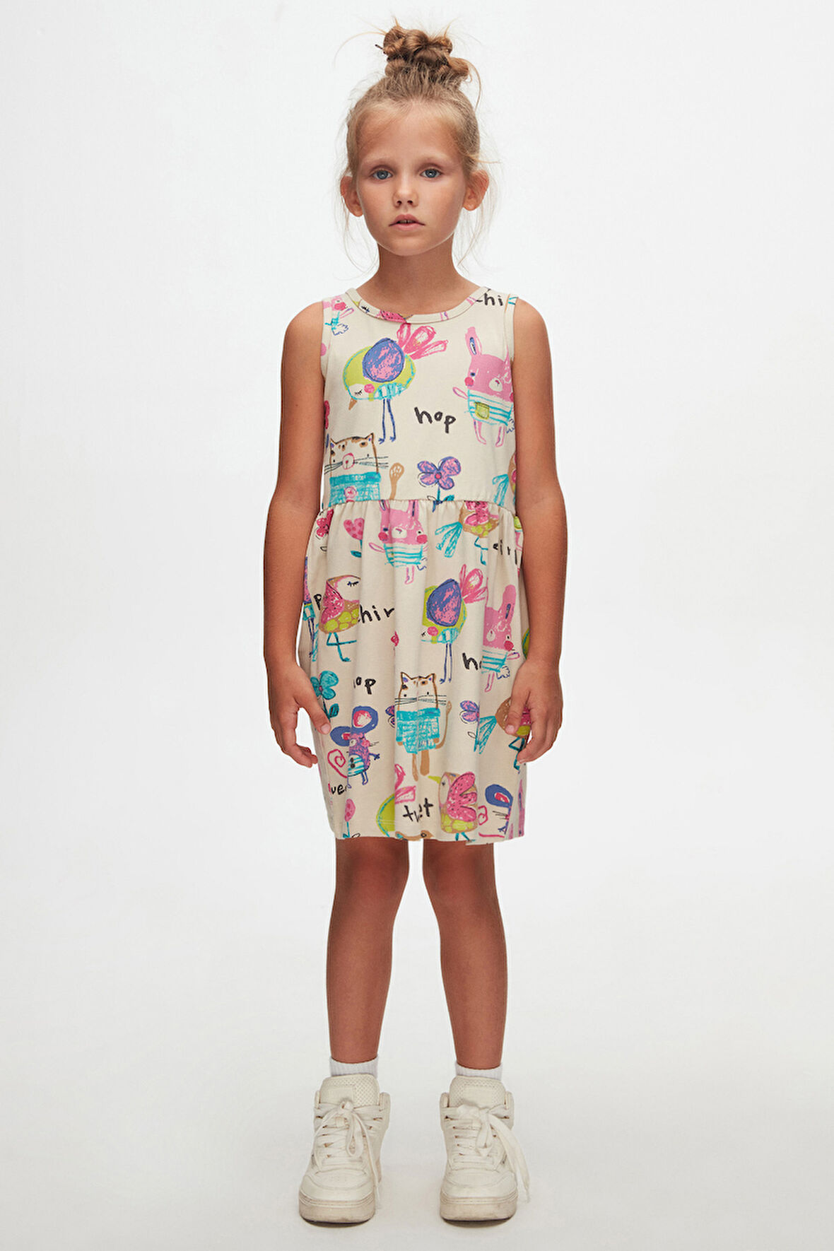 Chirping (Beige) Chirping Animals Kız Çocuk Desenli Kolsuz Elbise