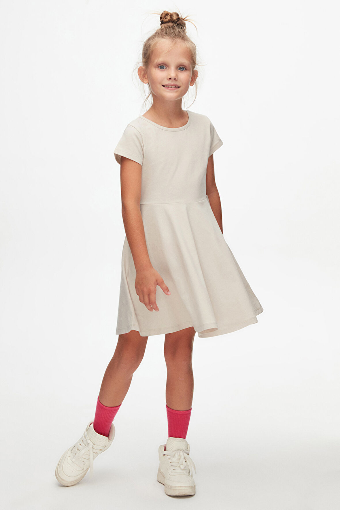 Taş Renkli Basic Kız Çocuk Kısa Kollu Elbise