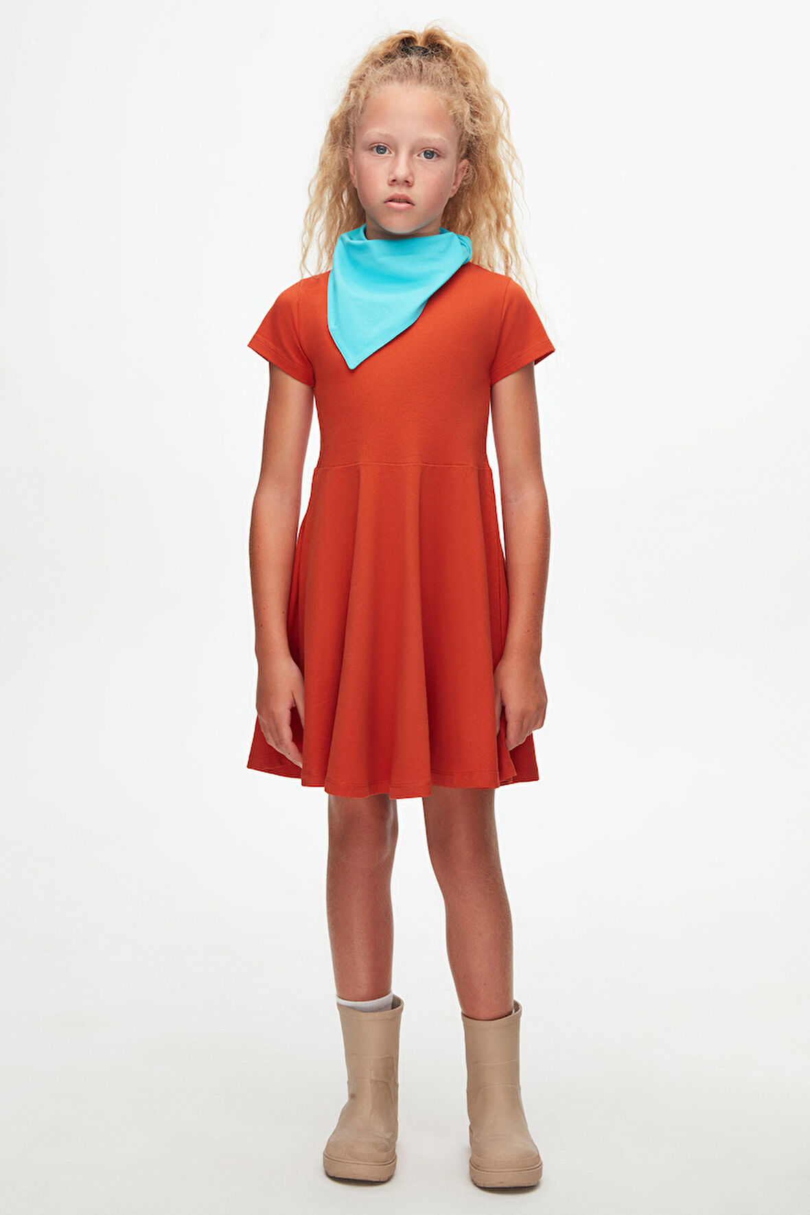 Kiremit Renkli Basic Kız Çocuk Kısa Kollu Elbise