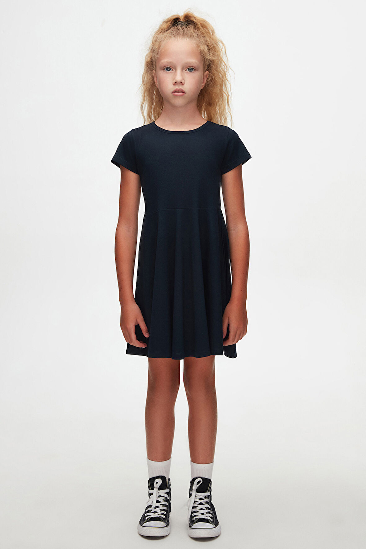 Koyu Lacivert Renkli Basic Kız Çocuk Kısa Kollu Elbise