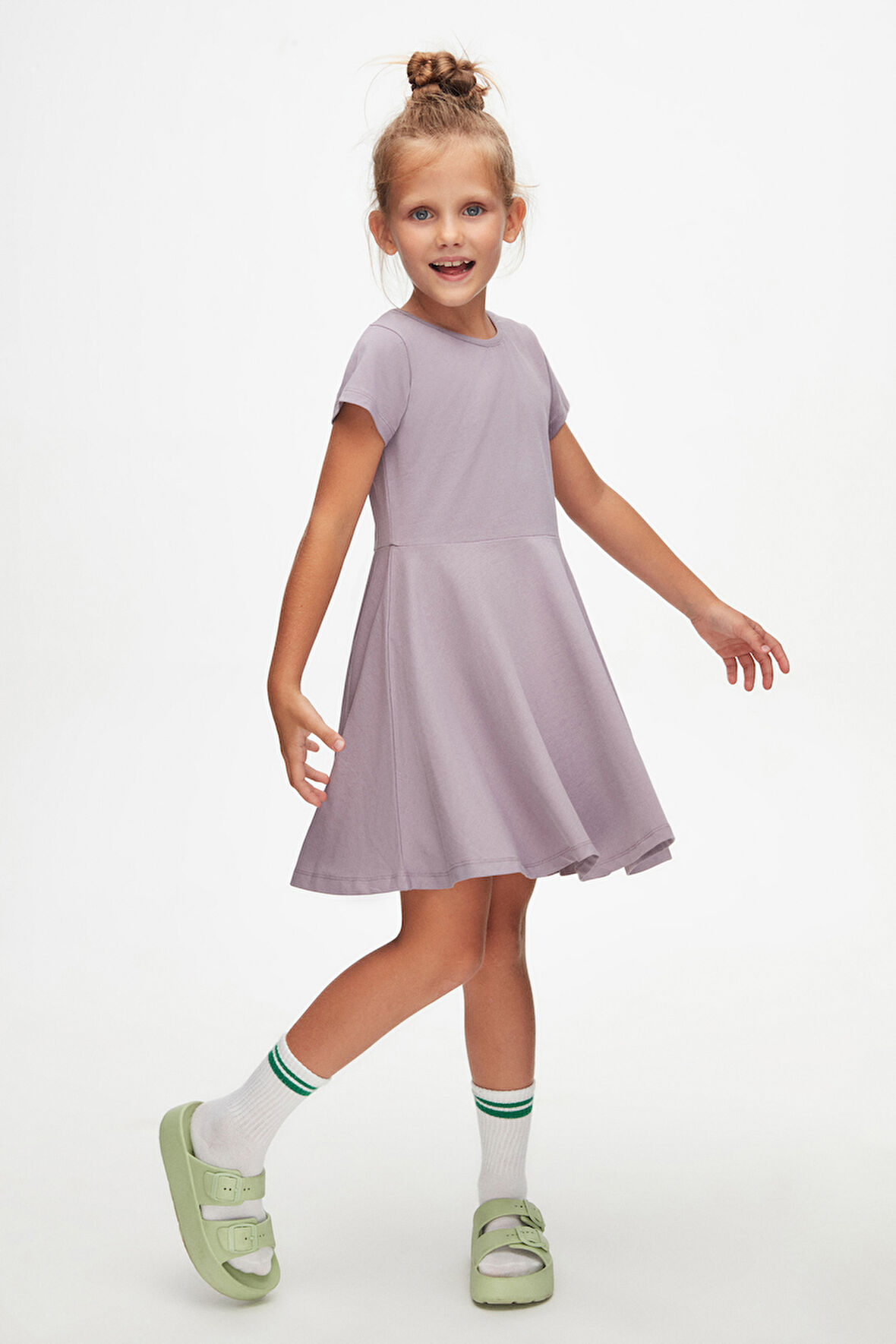 Soft Lila Renkli Basic Kız Çocuk Kısa Kollu Elbise