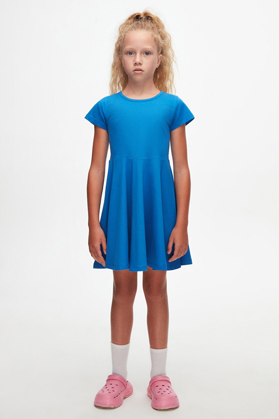 Saks Renkli Basic Kız Çocuk Kısa Kollu Elbise