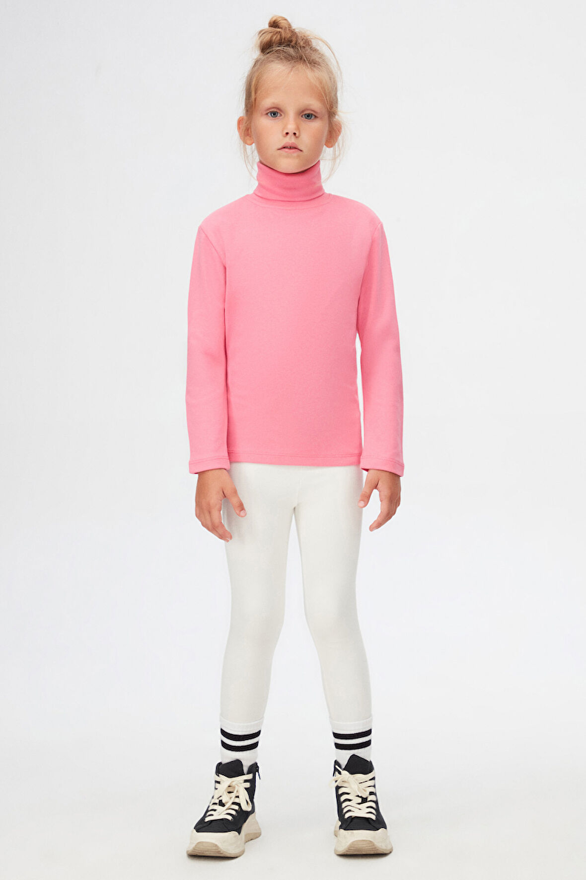 Şeker pembe Basic Kışlık Tam Balıkçı Yaka Uzun Kollu Kız Çocuk Tişört