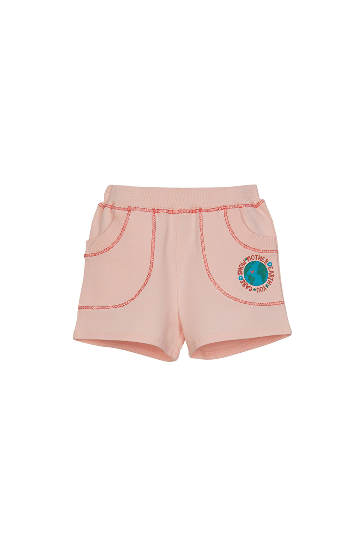 Açık Pudra İki İplik Dünya Baskılı Cepli Kız Çocuk Şort