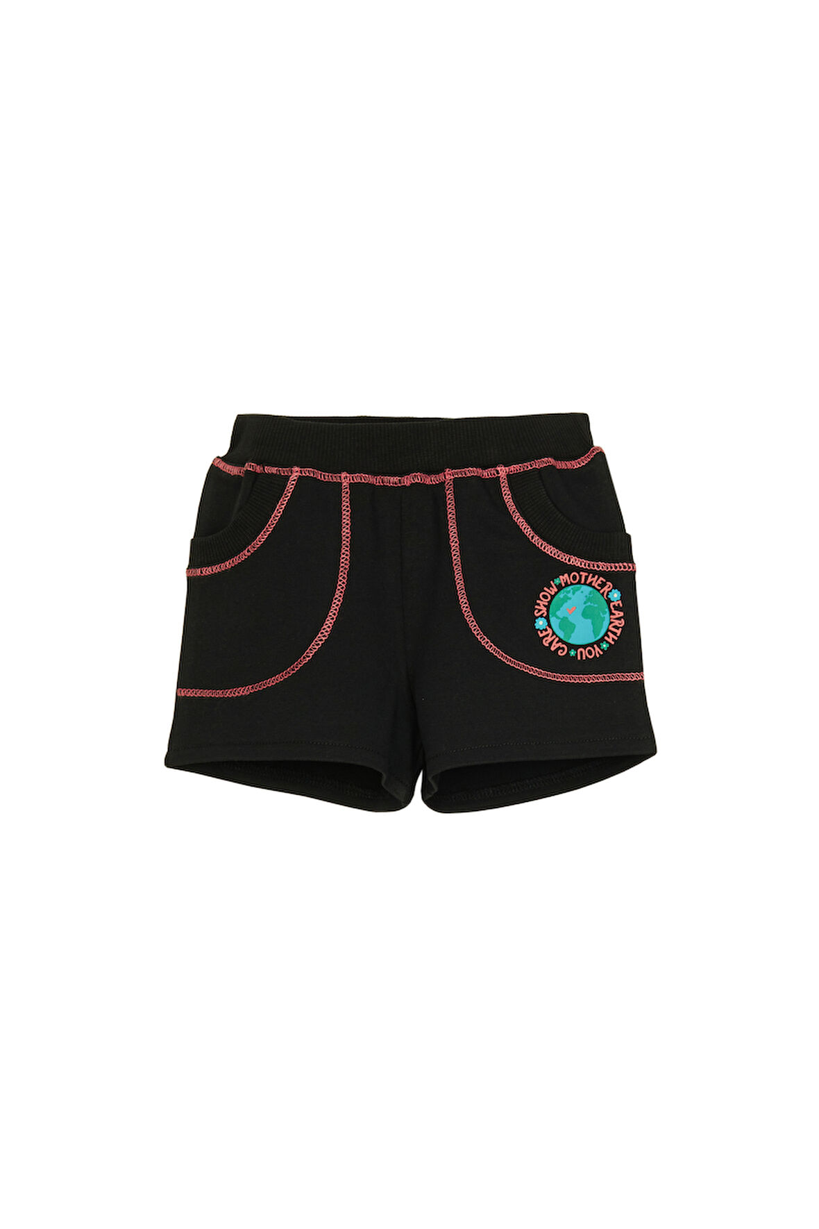 Siyah İki İplik Dünya Baskılı Cepli Kız Çocuk Şort