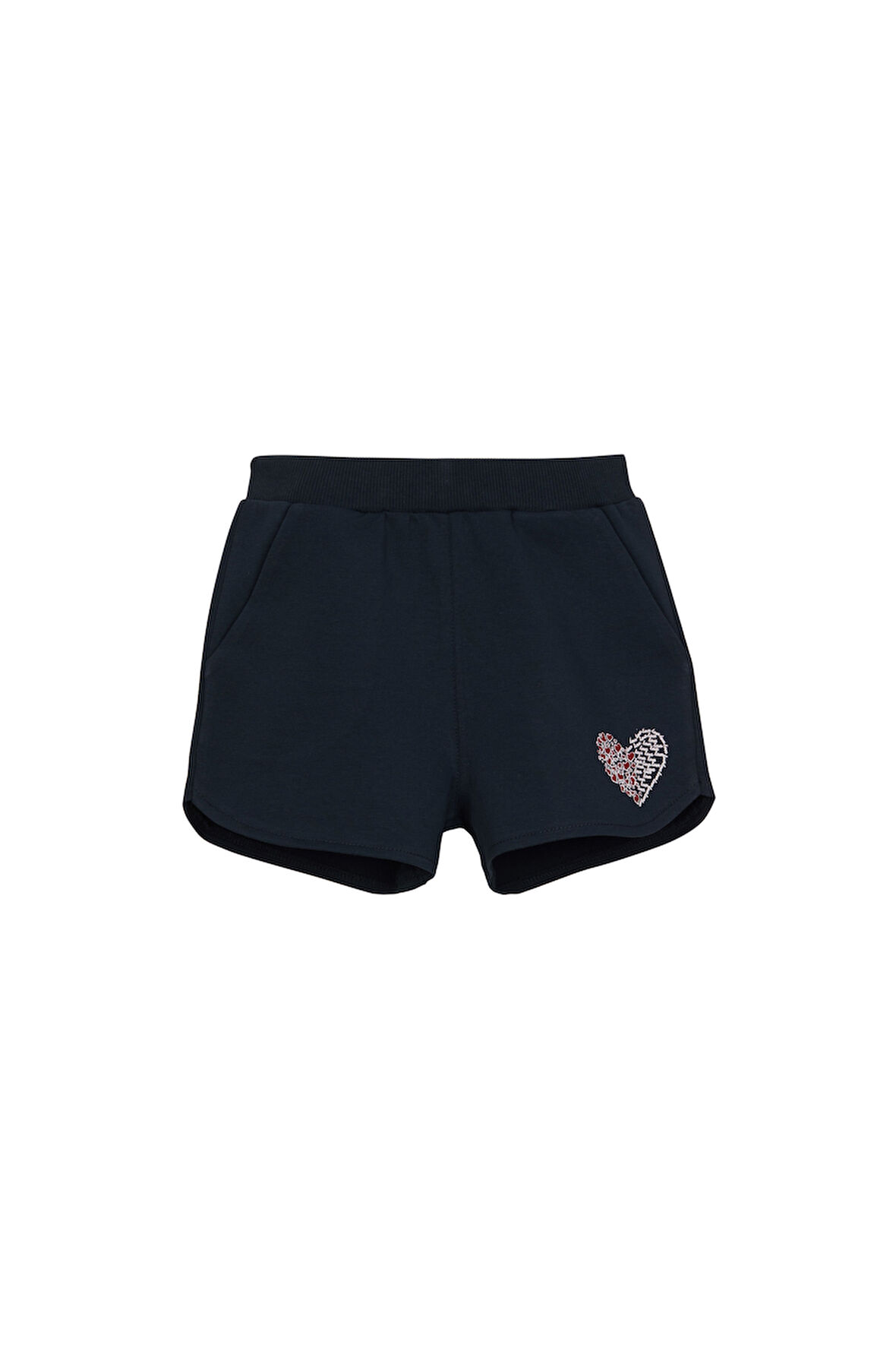 Koyu Lacivert İki İplik Kalp Basklı Kız Çocuk Şort
