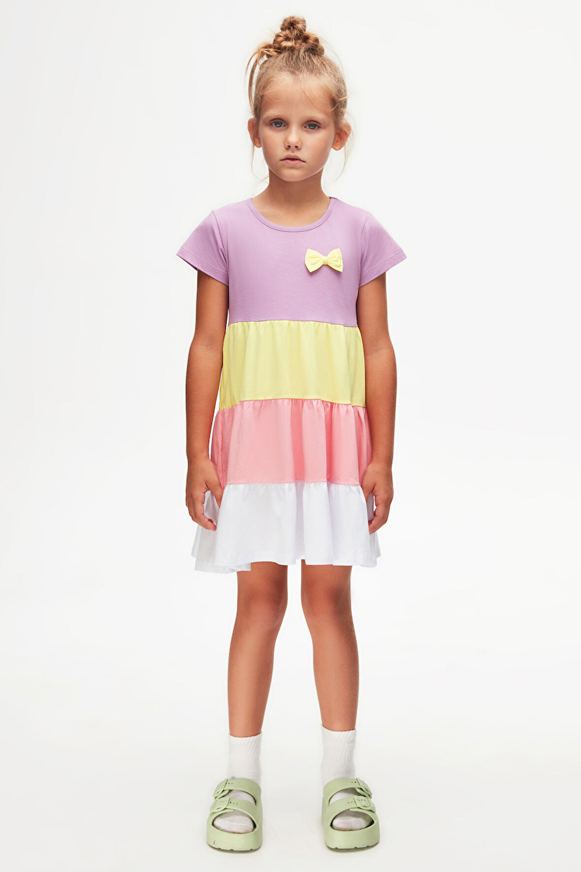 Lila + Beyaz Fiyonklu Kat Kat Renkli Kız Çocuk Kısa Kollu Elbise