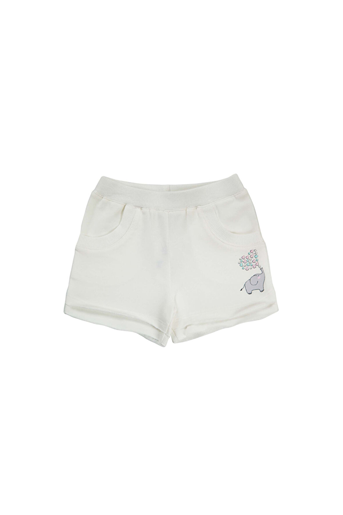 Ekru İki İplik Fil Baskılı Cepli Kız Çocuk Şort