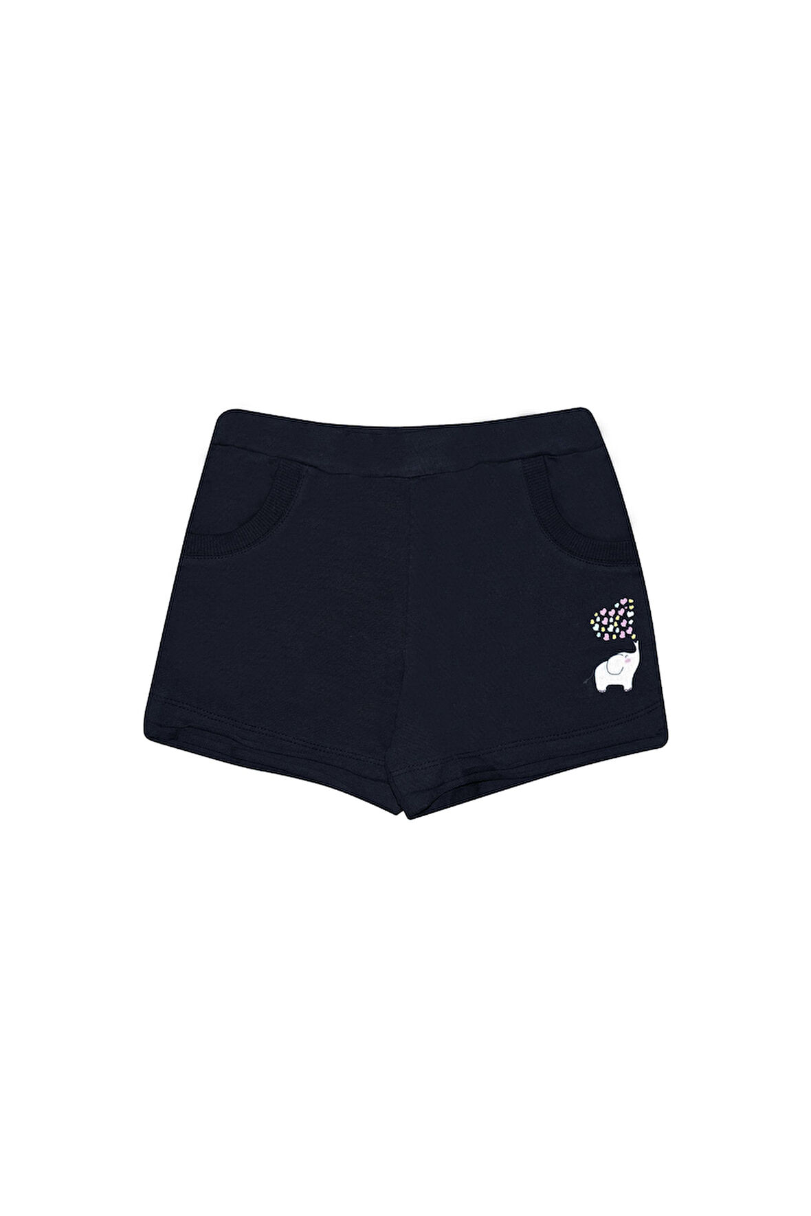 Koyu Lacivert İki İplik Fil Baskılı Cepli Kız Çocuk Şort