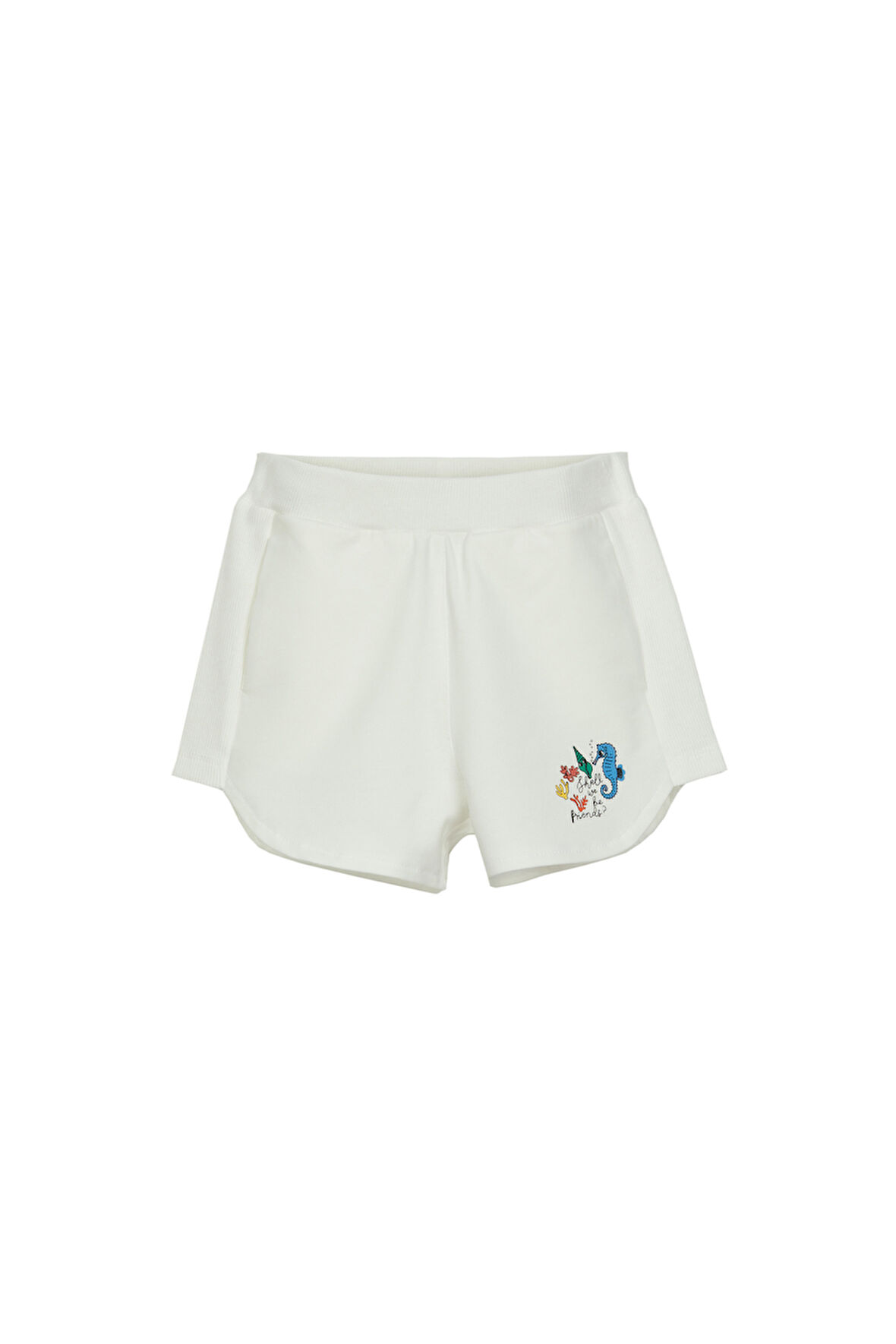 Ekru İki İplik Deniz Atı Baskılı Kız Çocuk Şort