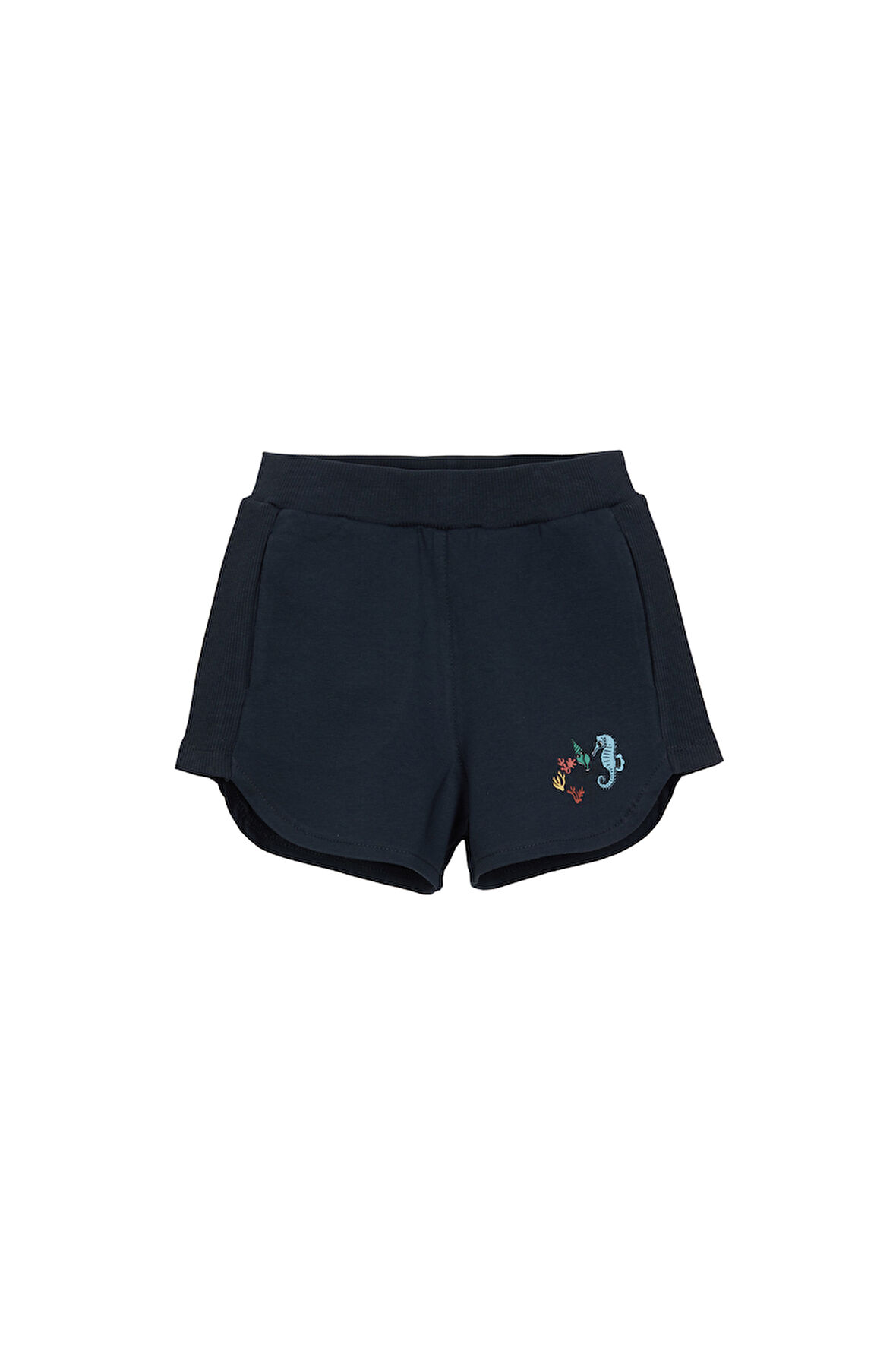 Koyu Lacivert İki İplik Deniz Atı Baskılı Kız Çocuk Şort