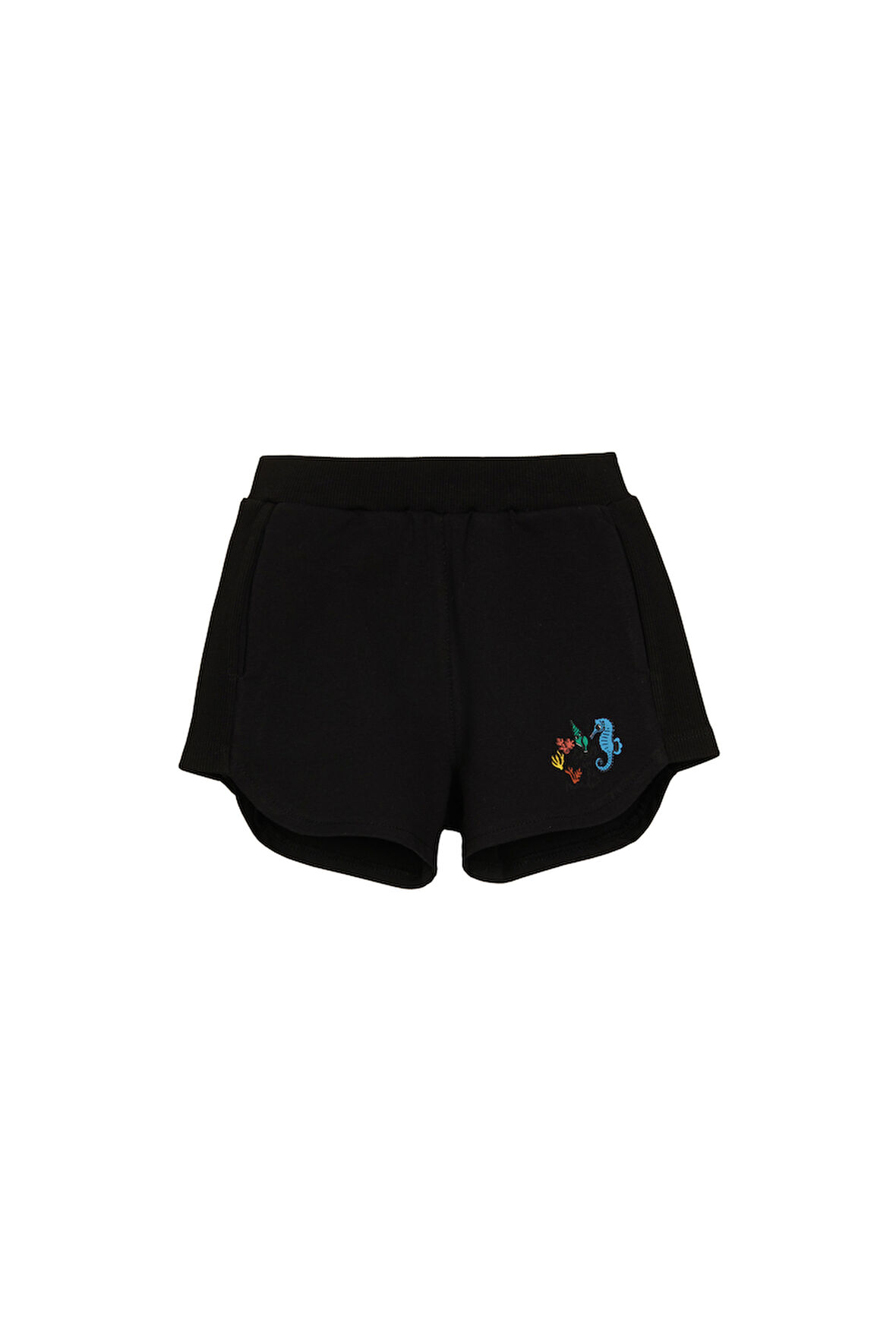 Siyah İki İplik Deniz Atı Baskılı Kız Çocuk Şort