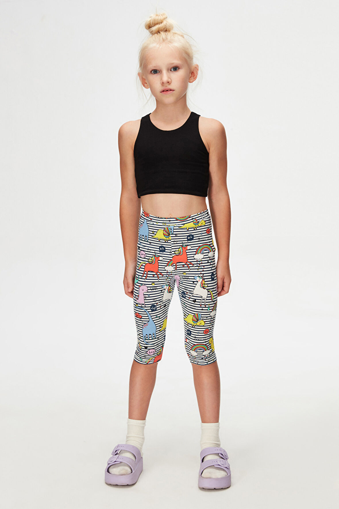Rainbow Unicorn Kız Çocuk Desenli Diz Altı Tayt Kapri