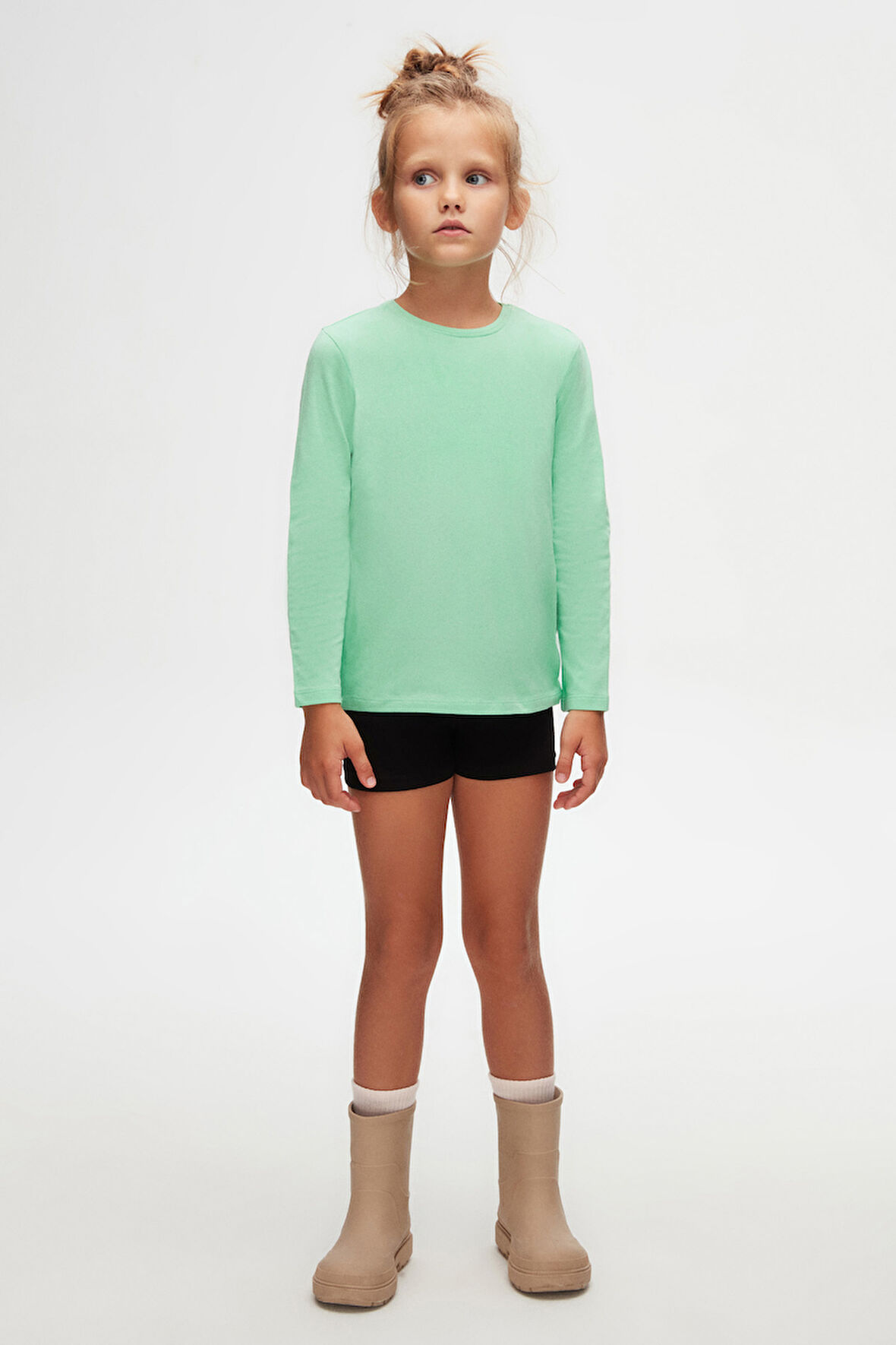 Pastel Yeşil Basic Unisex Çocuk Mevsimlik Sıfır Yaka Uzun Kollu Tişört