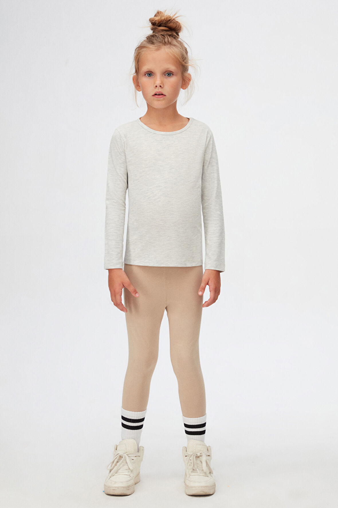 Açık Yeşil Melanj Basic Mevsimlik Likralı Uzun Kollu Kız Çocuk Tişört