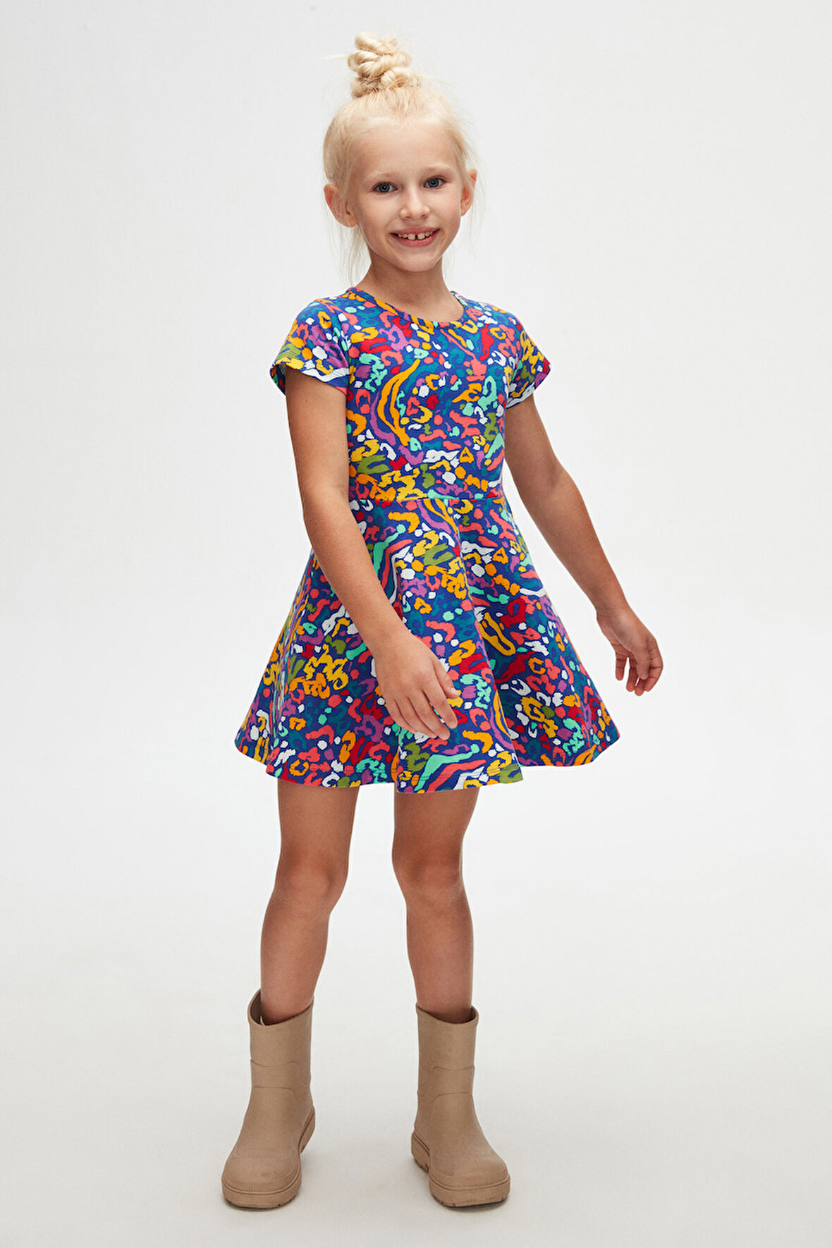 Abstract Leopard Kız Çocuk Desenli Kısa Kollu Elbise