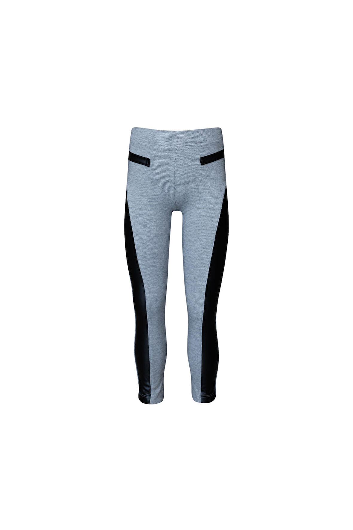 Açık Gri Yanı Deri Panelli Pike Kumaş Kız Çocuk Tayt