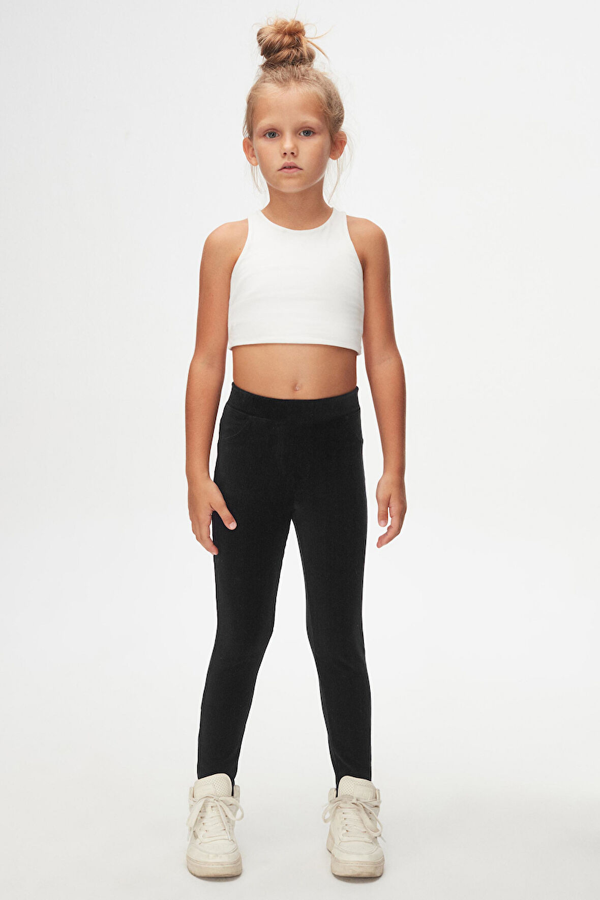 Siyah Kız Çocuk Cepli Fitilli Kadife Tayt