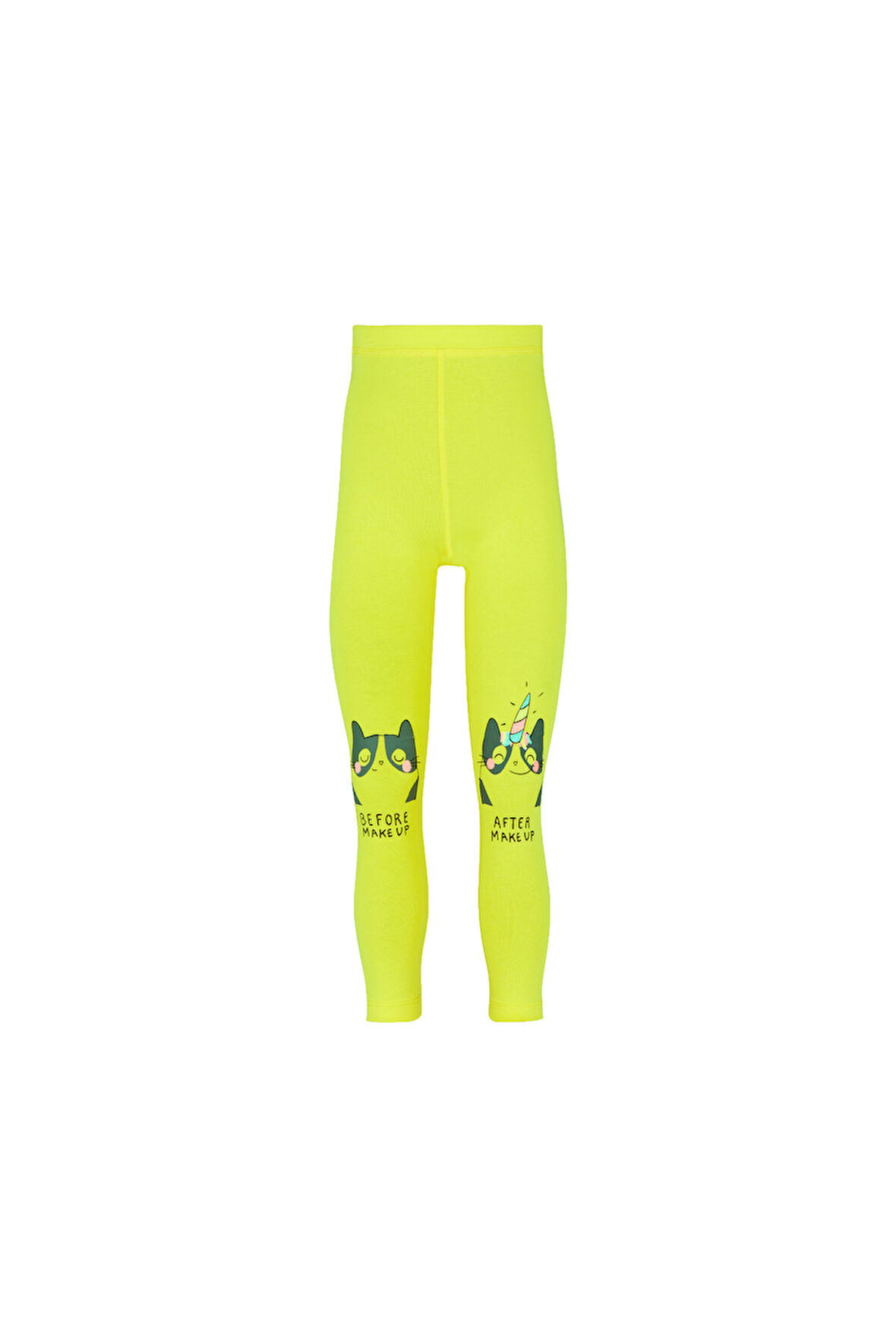 Neon Sarı Make UP Kedi Baskılı Kız Çocuk Mevsimlik Tayt