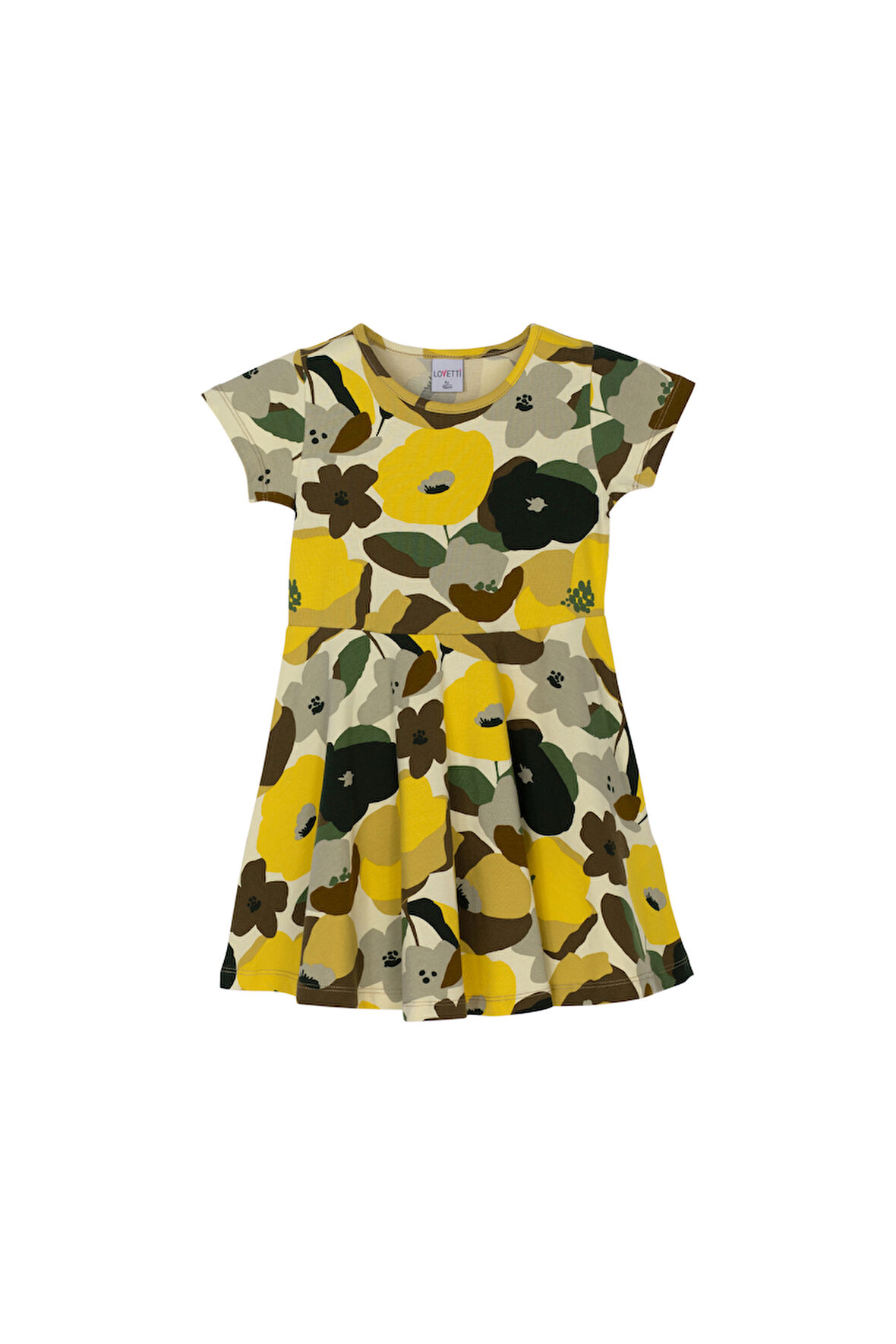 Açık Yeşil Retro Flowers Kız Çocuk Desenli Kısa Kollu Elbise