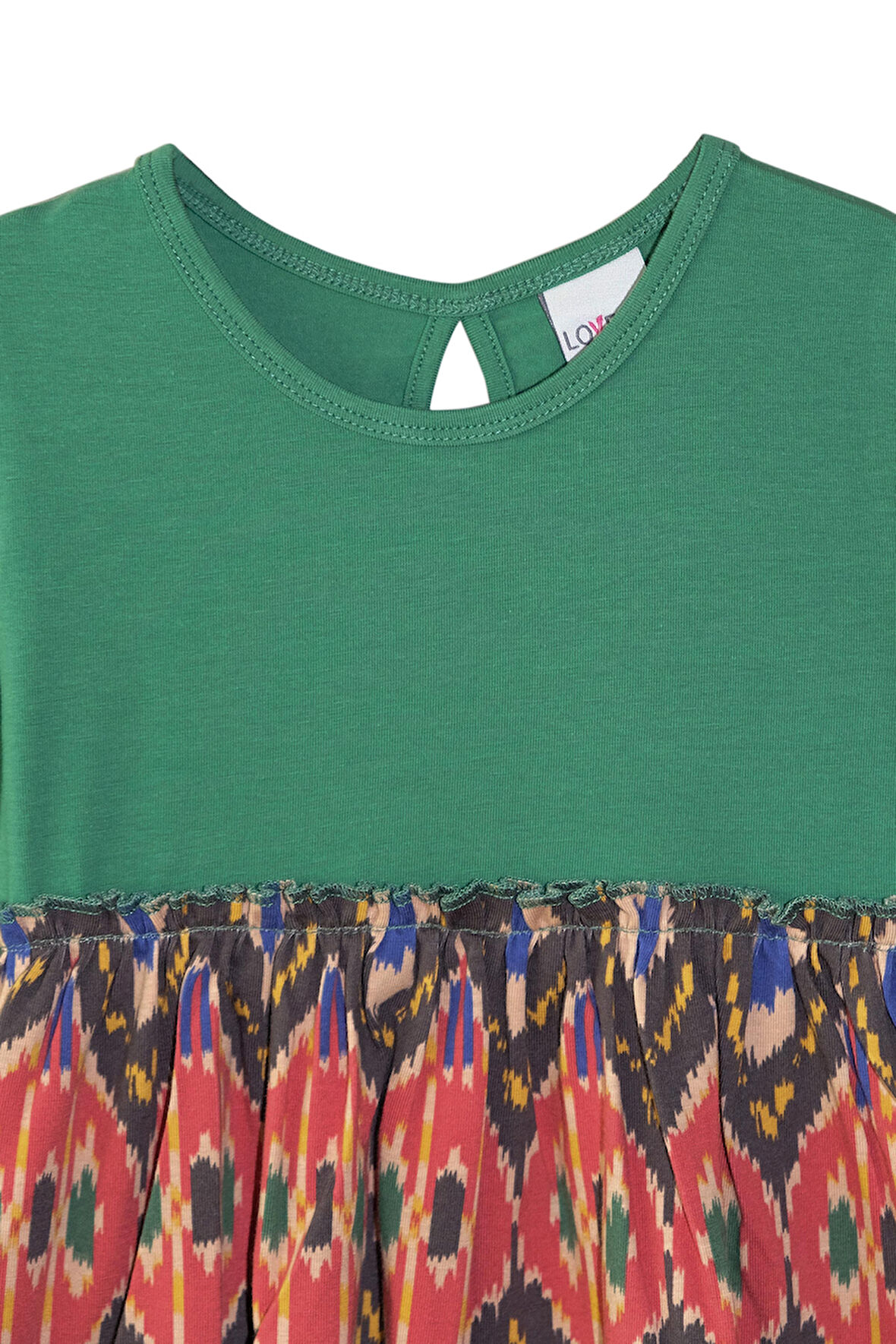 Deniz Yeşili Kilim Desen Kız Çocuk Uzun Kollu Elbise