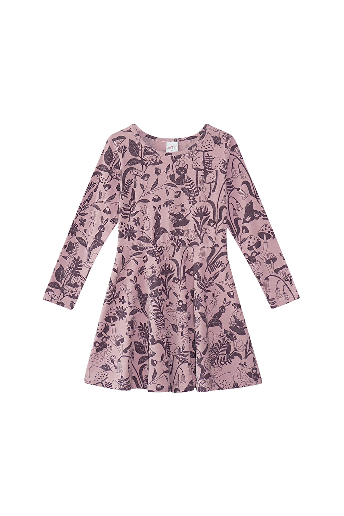 Gül Kurusu Kız Çocuk Forest Animals Desen Uzun Kol Elbise