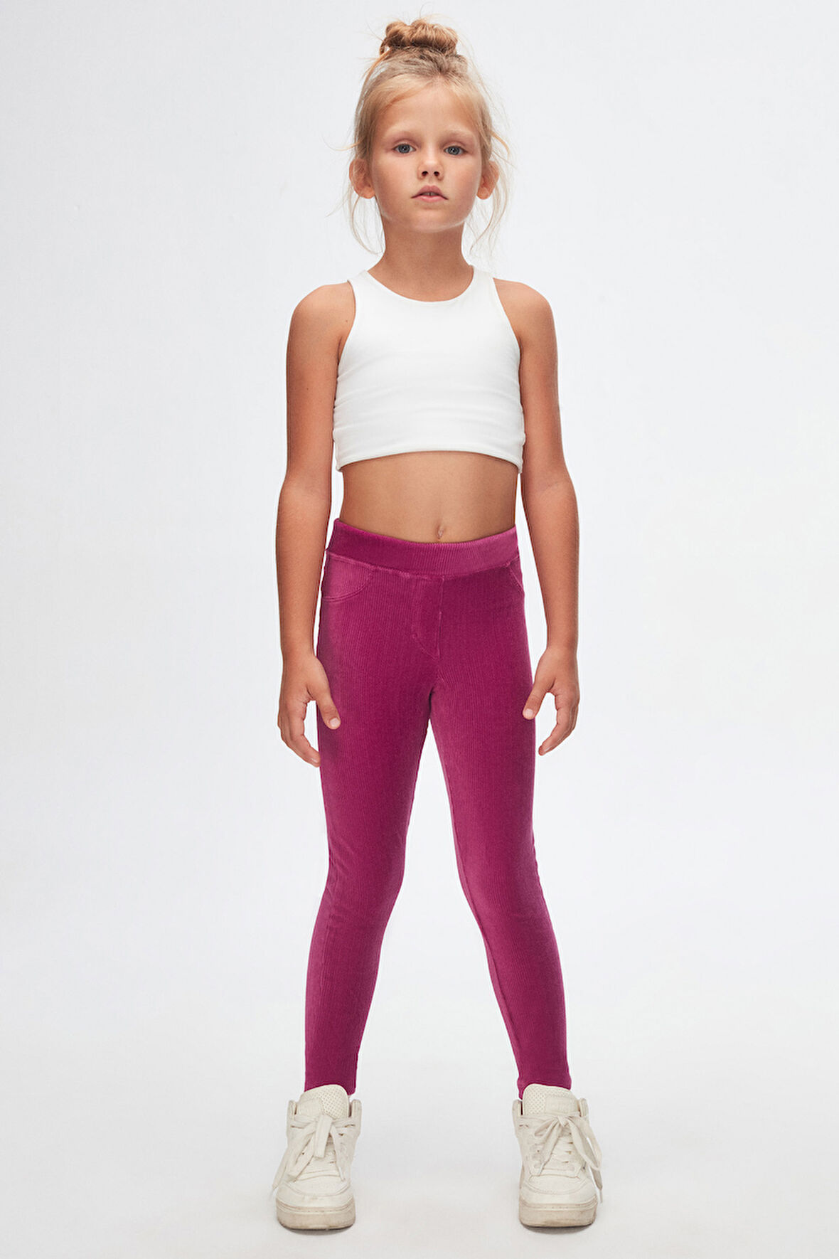 Mor Kız Çocuk Sahte Cepli Fitilli Kadife Tayt