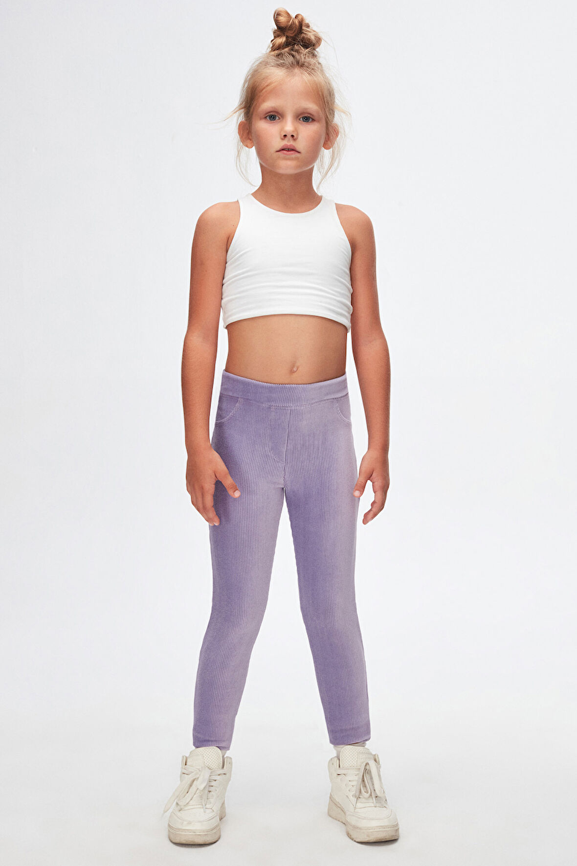 Açık Lila Kız Çocuk Cepli Fitilli Kadife Tayt