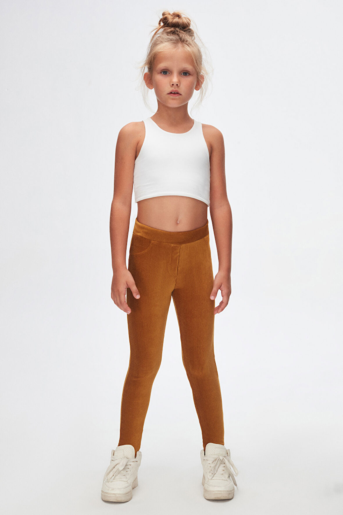 Hardal Kız Çocuk Cepli Fitilli Kadife Tayt