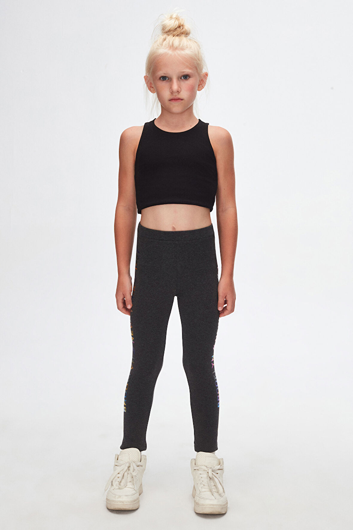 Antrasit New York Baskılı Şardonlu Kız Çocuk Kışlık Tayt