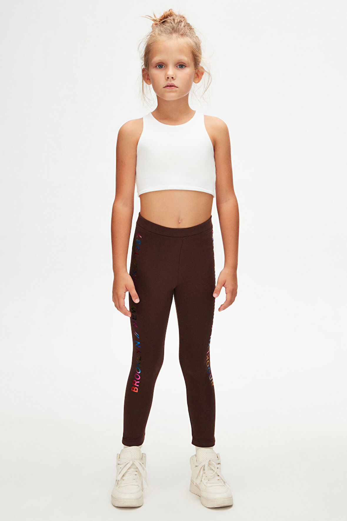 Kahverengi New York Baskılı Şardonlu Kız Çocuk Kışlık Tayt