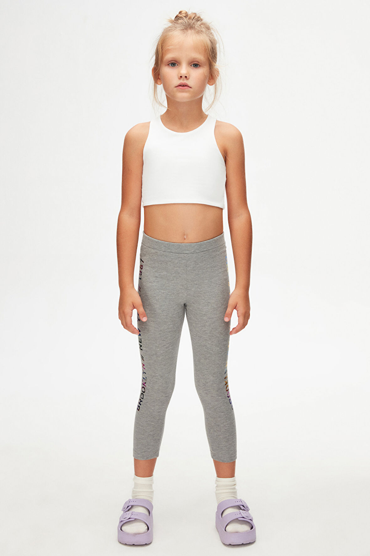 Açık Gri New York Baskılı Şardonlu Kız Çocuk Kışlık Tayt