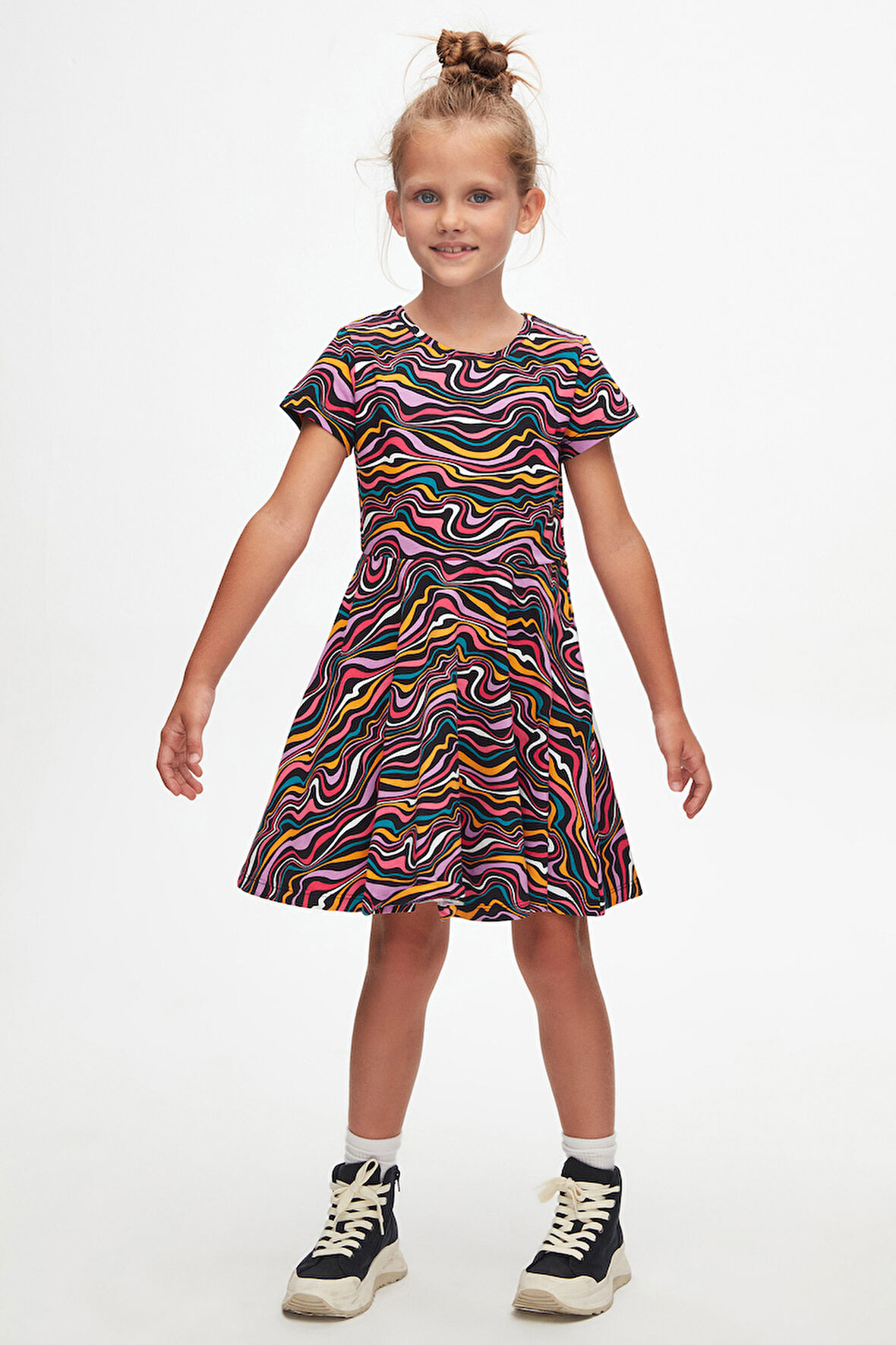 Colorful Waves Kız Çocuk Desenli Kısa Kollu Elbise