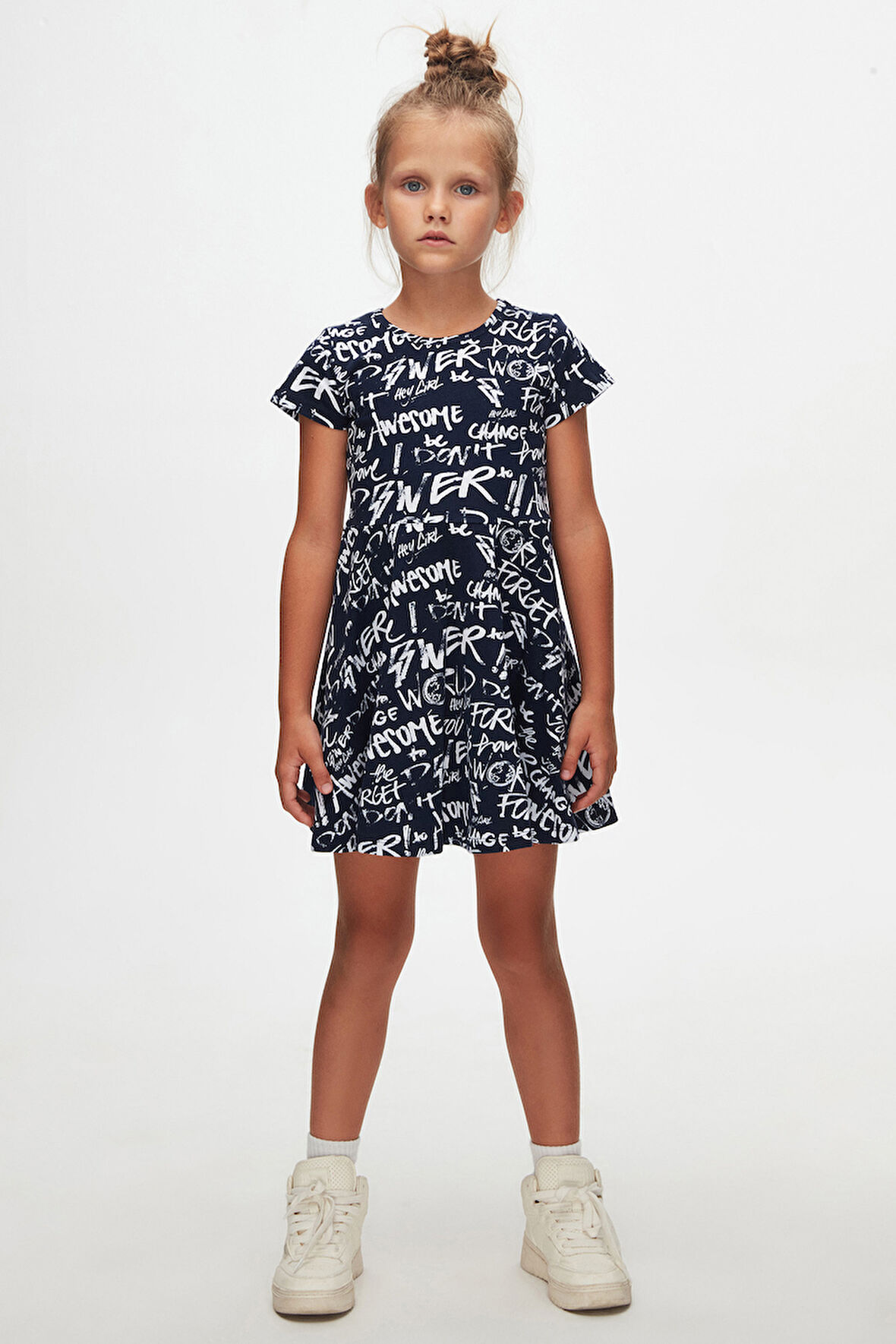 Kız Çocuk Change World Desen Kısa Kol Kloşe Etek Elbise