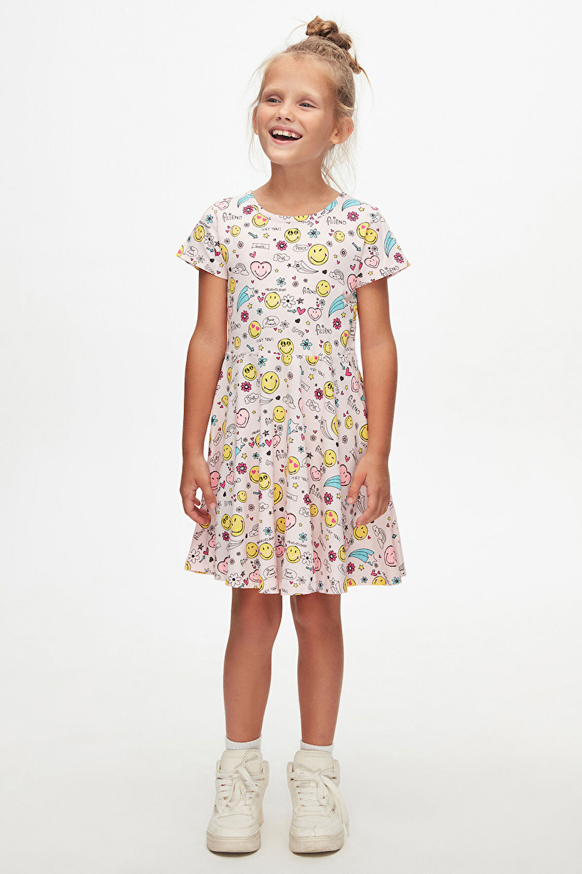 Friendly Smile Kız Çocuk Desen Kısa Kol Kloşe Etek Elbise