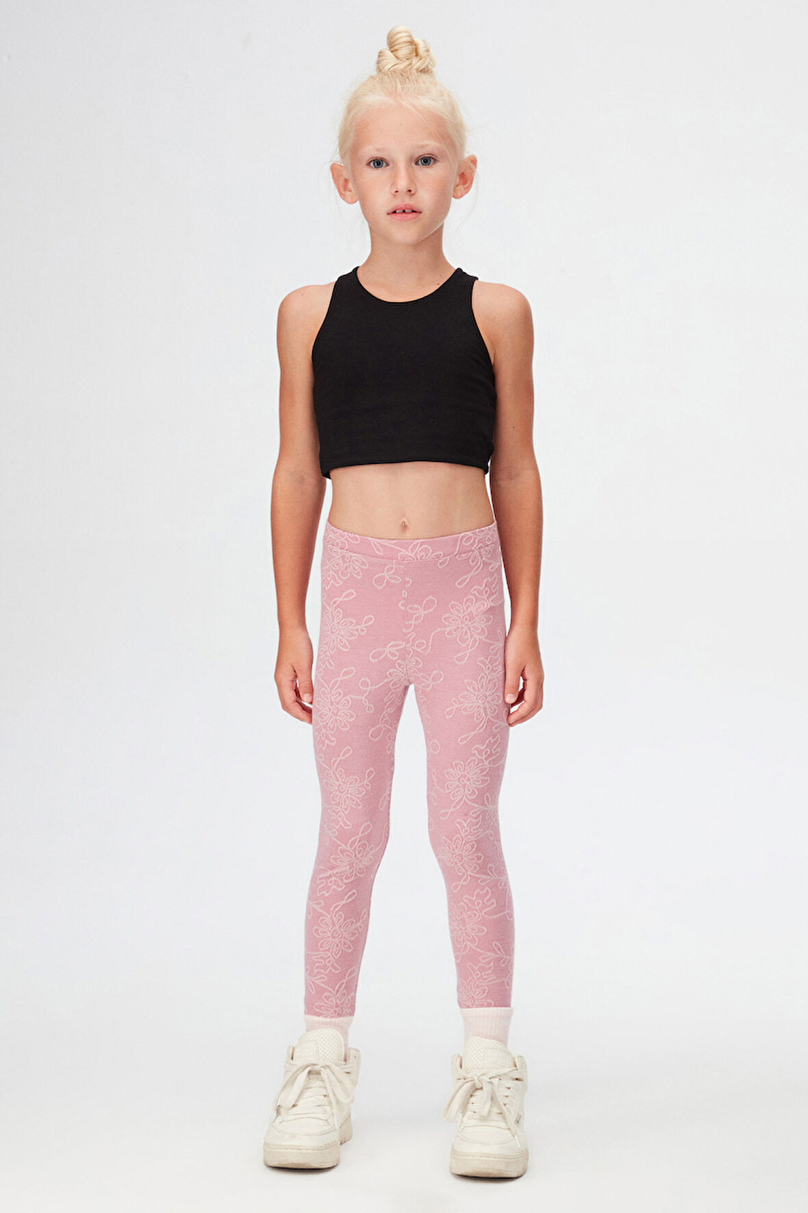 Lila Çiçek Desen Kız Çocuk Jakarlı Tam Boy Tayt