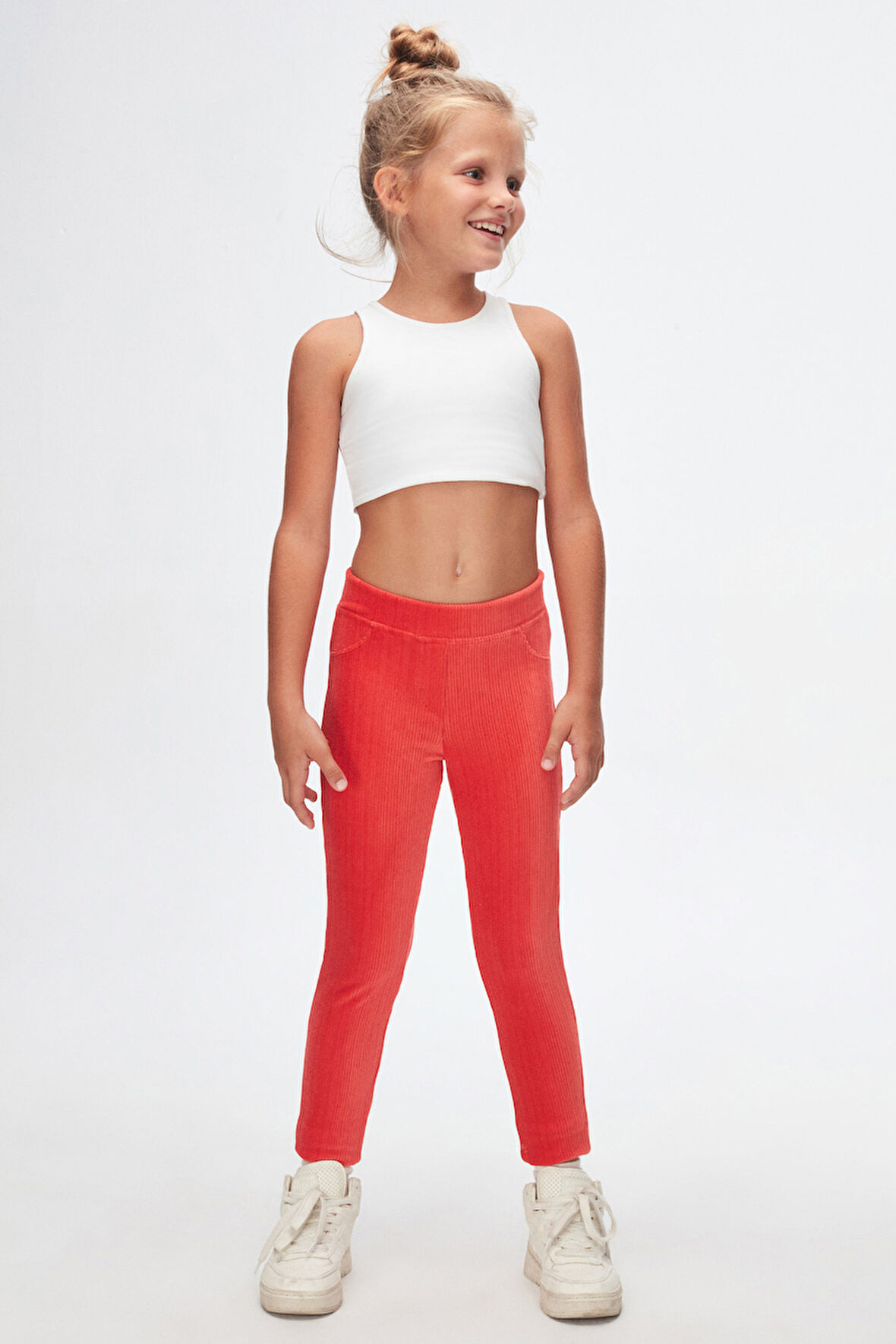 Nar Çiçeği Kız Çocuk Cepli Fitilli Kadife Tayt