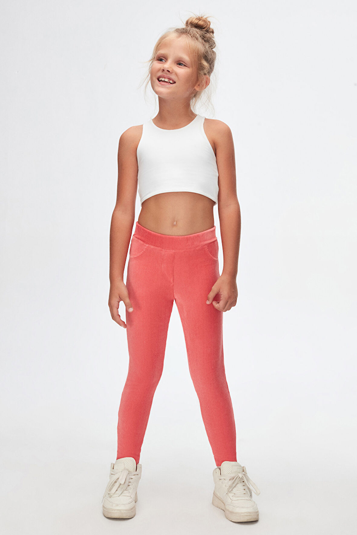 Koyu Somon Kız Çocuk Cepli Fitilli Kadife Tayt